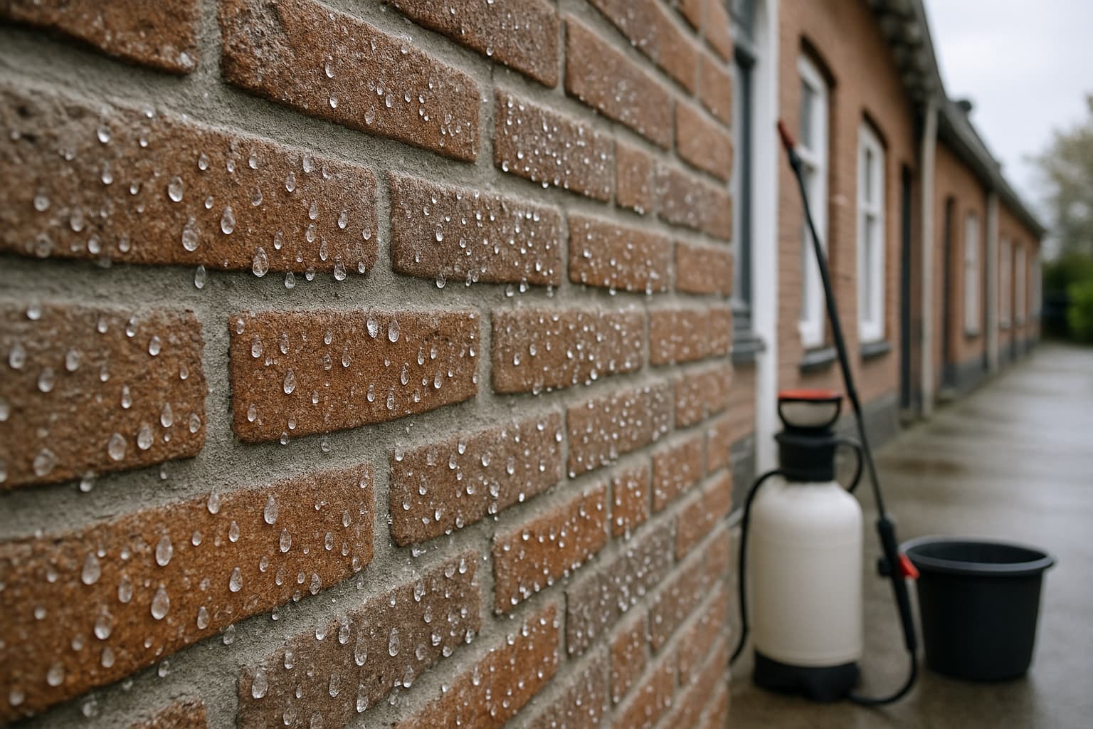 Bakstenen buitenmuur van een woning met waterdruppels op het oppervlak en een spuitapparaat met emmer ernaast, sfeerbeeld bij impregneren van een gevel.