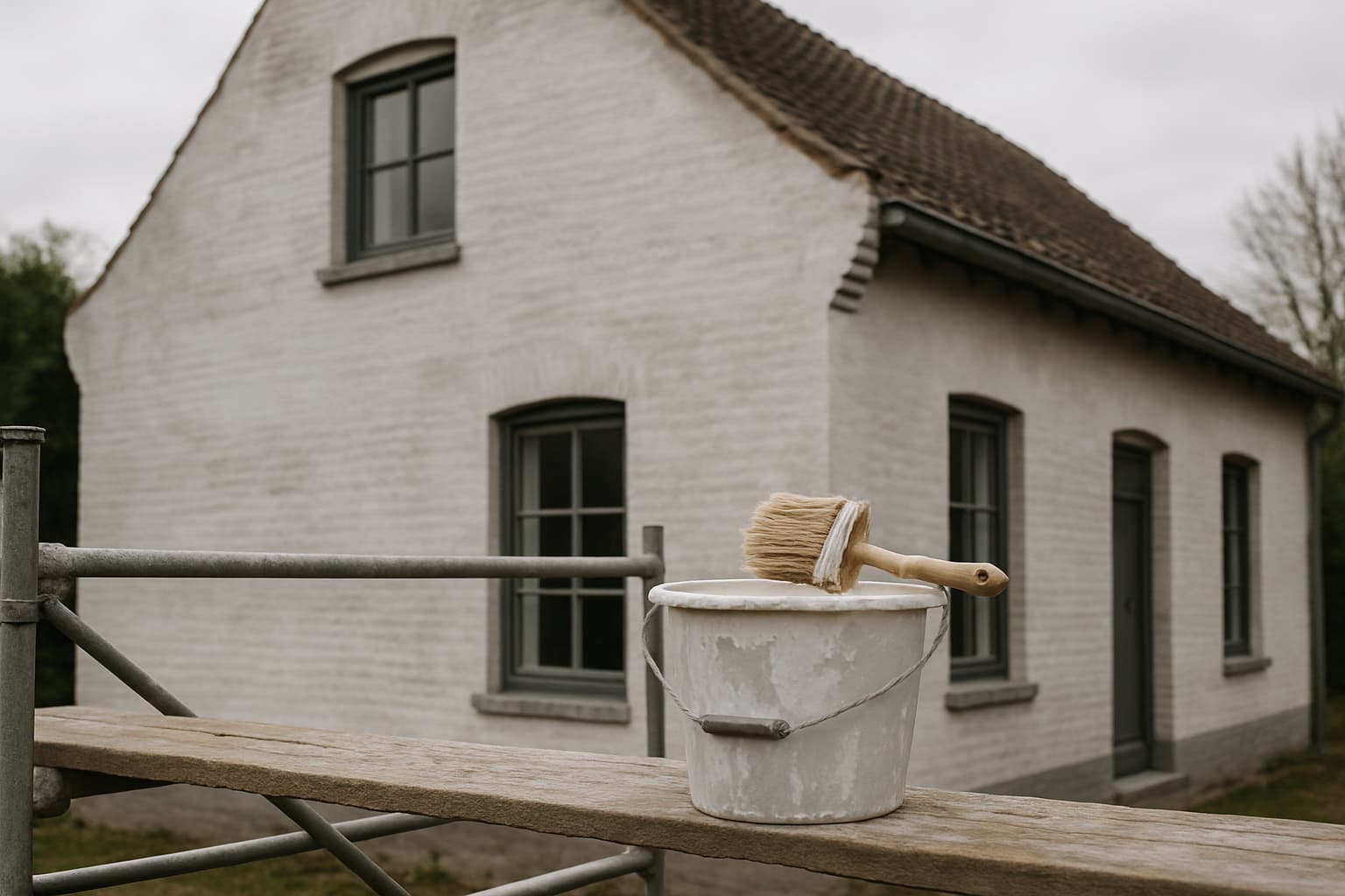 Bakstenen buitenmuur van een woning met een matte, lichtgrijze kaleilaag waar de baksteenstructuur nog doorheen zichtbaar is, met een kwast en emmer kaleimengsel op een steigerplank