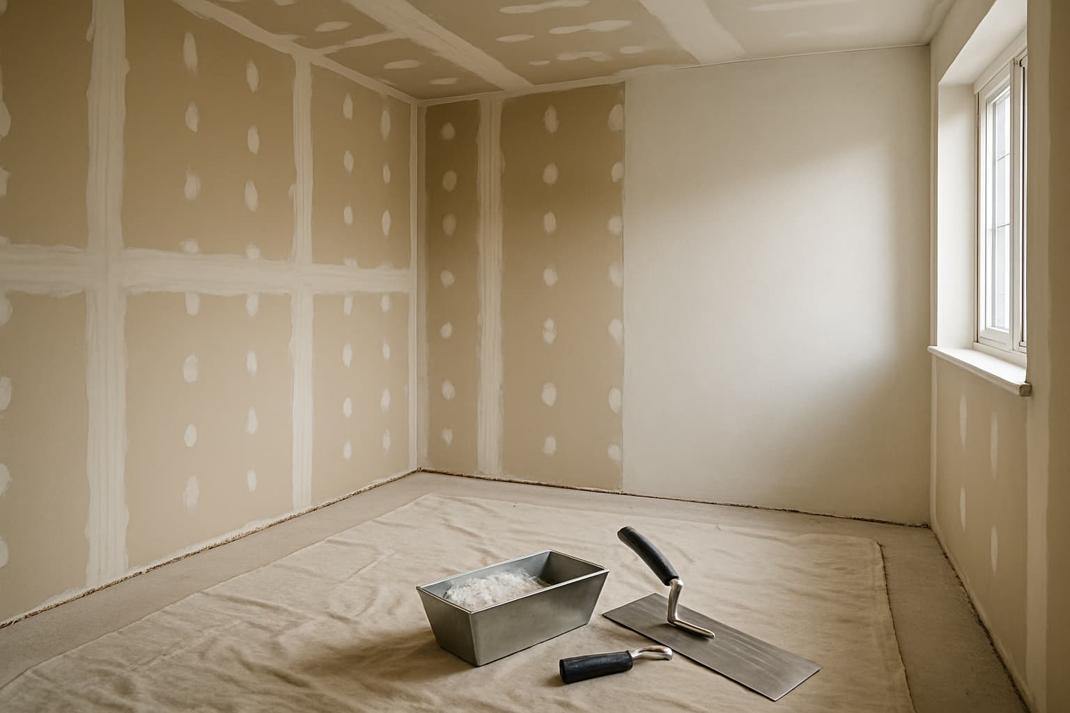 Kamer in renovatie met gipsplaten wanden waarvan de naden zijn gevuld en een deel al glad is gestuukt, met stucgereedschap op de vloer bij daglicht