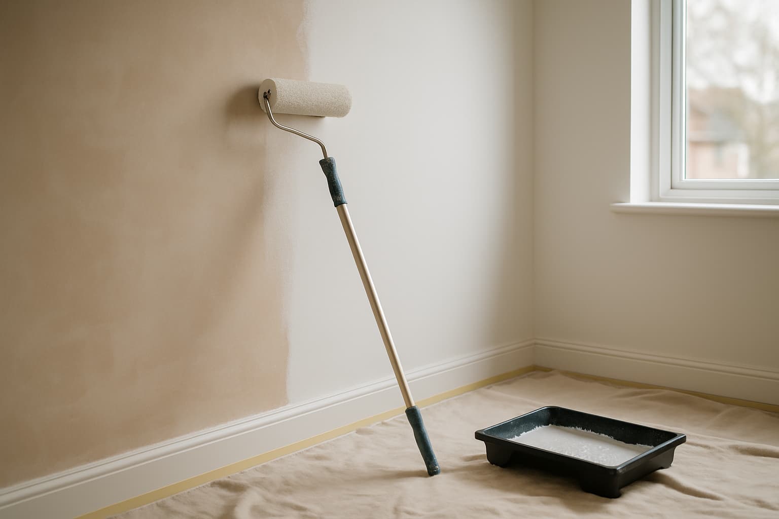 Leeg vertrek met glad stucwerk waarvan een wand met witte latex wordt gesausd, met verfroller, verfbak, afplaktape en dekzeil in daglicht