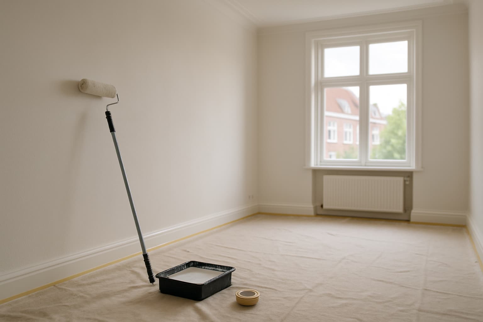 Lichte lege woonkamer met glad stucwerk, verfroller met bak witte muurverf en afplaktape langs de plint, in daglicht