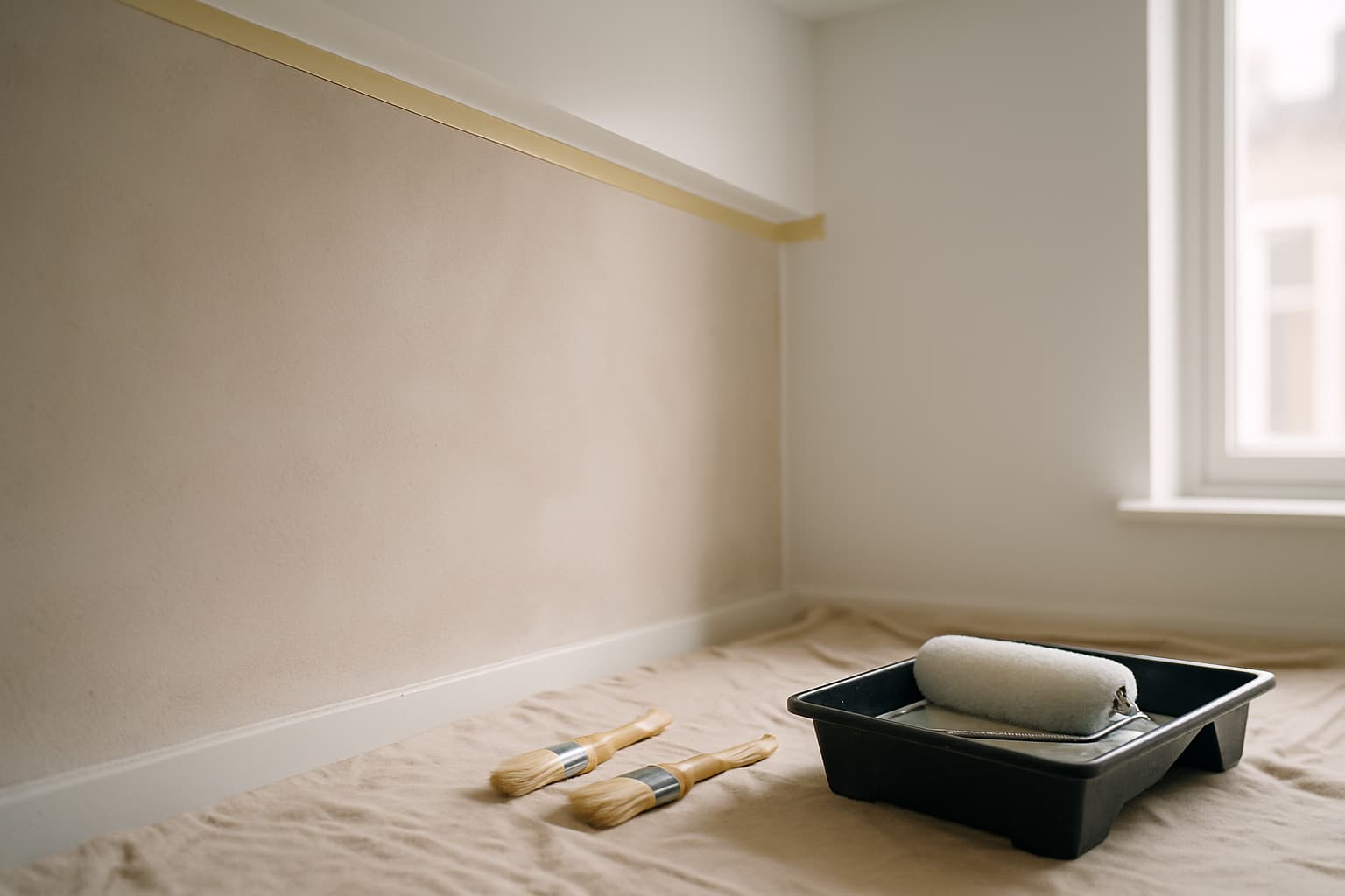 Detail van een scherpe overgang tussen een gestucte muur en wit plafond, met afplaktape en een snijkwast op een afgedekte vloer bij daglicht.