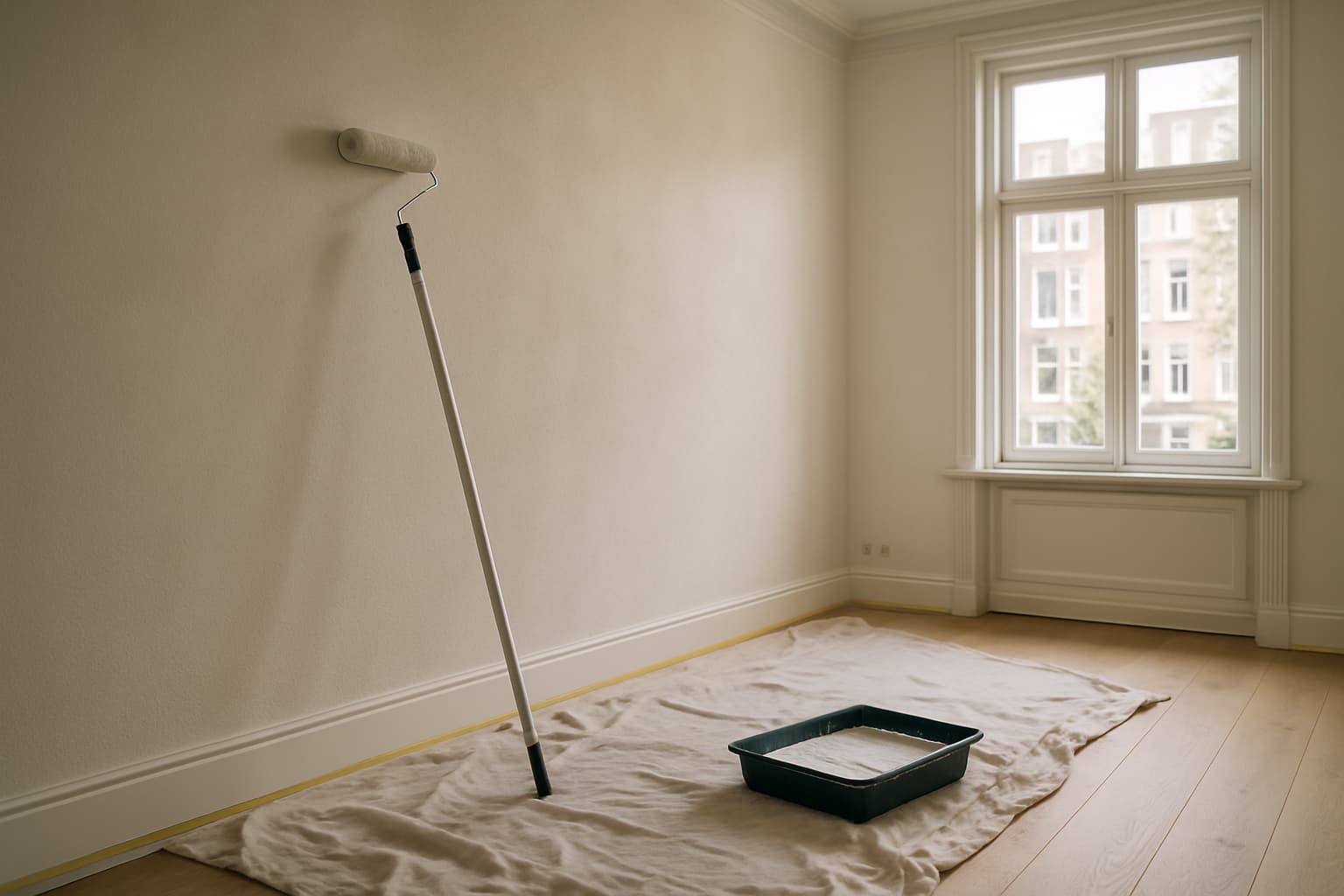 Lichte, lege woonkamer met glad gestuukte wanden, een verfroller op een verlengsteel, een verfbak met witte muurverf, afplaktape langs de plint en een stofdoek op de vloer bij daglicht.