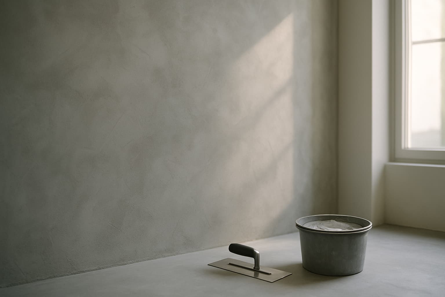 Gladde betonlook stucwerkwand met grijze wolkstructuur in een minimalistische ruimte, met daglicht en een stucspaan met emmer op de vloer.