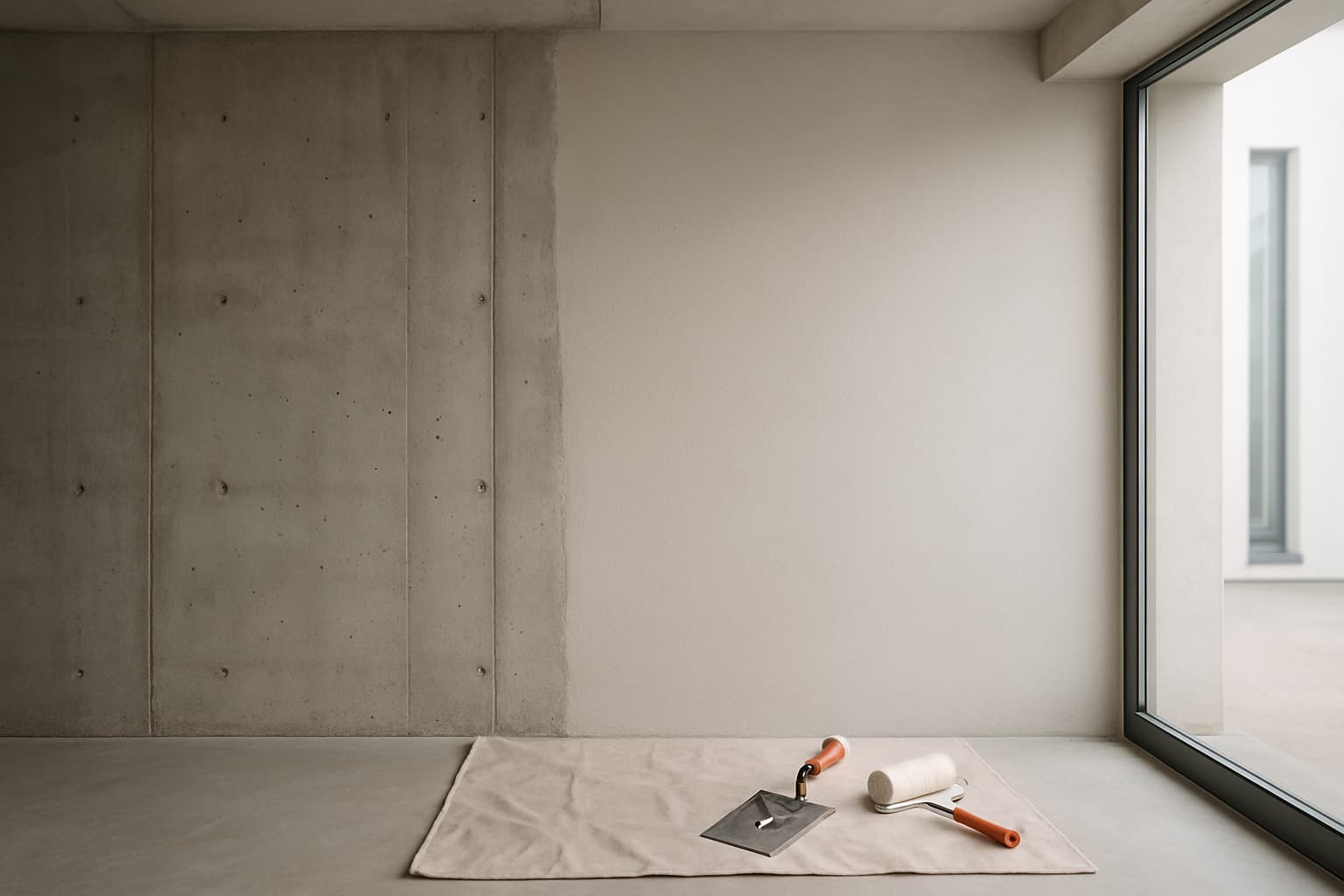 Kale betonwand in een lege ruimte, deels voorbehandeld met primer en een dunne stuclaag, met plakspaan en roller op een stofdoek op de vloer bij daglicht.