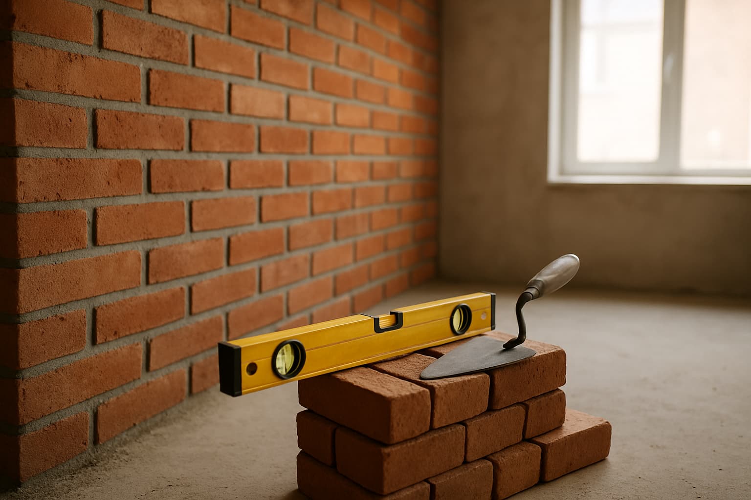 Nieuw gemetselde bakstenen muur in een lege ruimte, met waterpas en troffel op een stapel stenen, klaar om te worden gestuukt.
