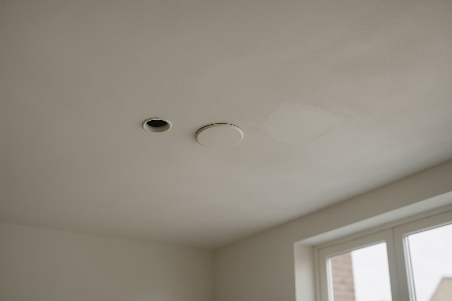 Wit gestuct plafond van dichtbij met een rond lichtpunt en een blanco afdekplaat, in daglicht