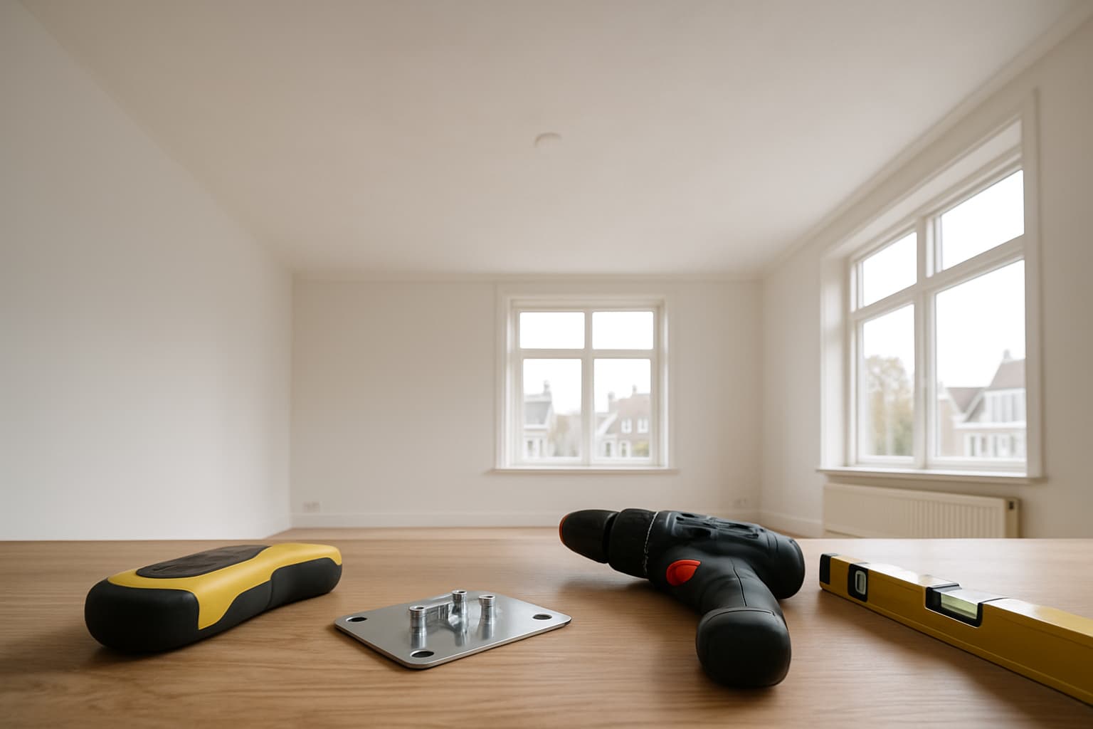 Glad wit gestuct plafond in een lichte woonkamer, met op de vloer een metalen bevestigingsplaat, schroeven, boormachine, waterpas en balkendetector.
