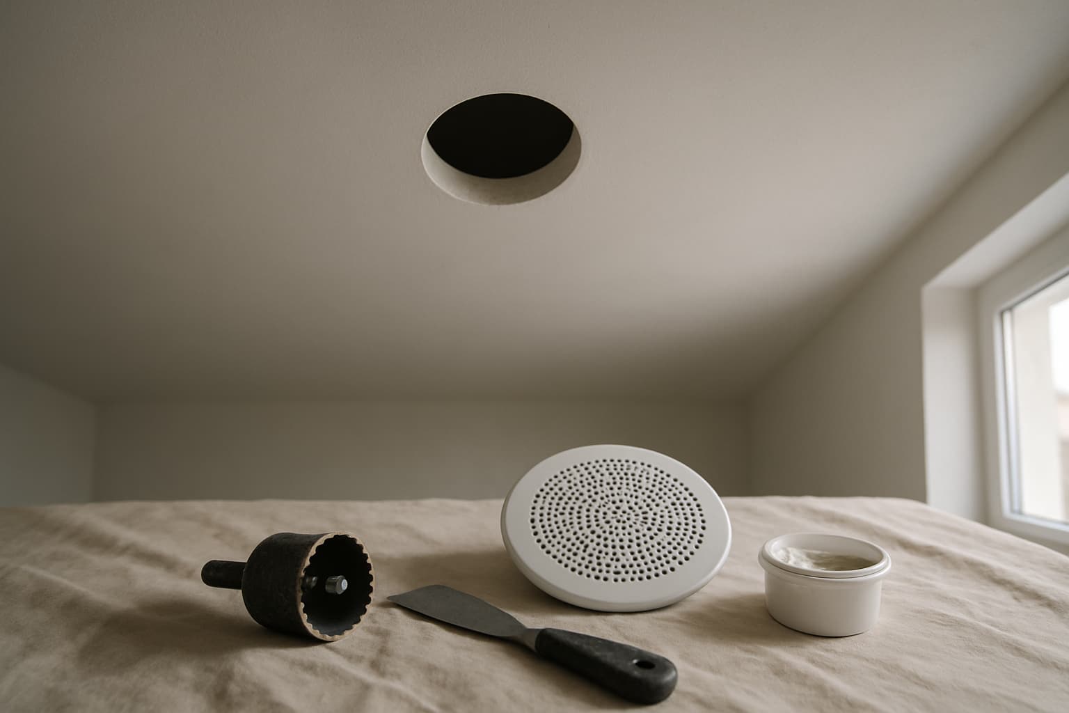 Wit gestuct plafond met ronde uitsparing voor een ventilatierooster, met rooster, gatzaag en plamuurmes op een stofdoek eronder
