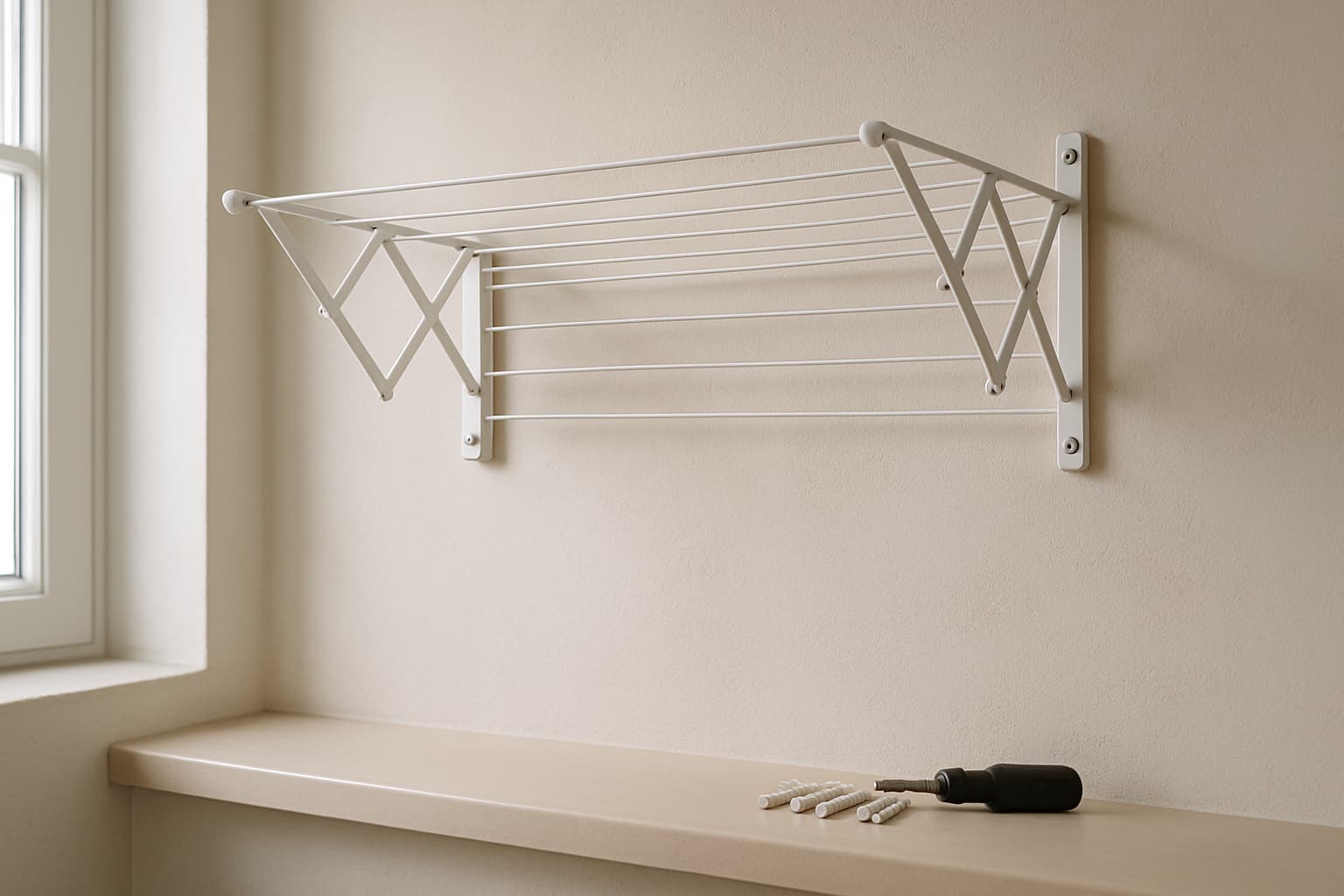 Wandmontage van een opklapbaar droogrek op een gladde, wit gestucte muur in een bijkeuken, met pluggen en boortje op een schap ernaast bij daglicht.