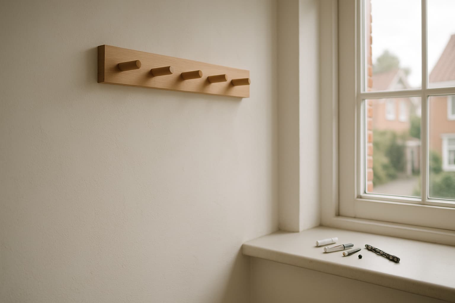 Gestucte witte gangwand met een eenvoudige houten kapstok, daarnaast pluggen, schroeven en een boortje op de vensterbank bij daglicht.