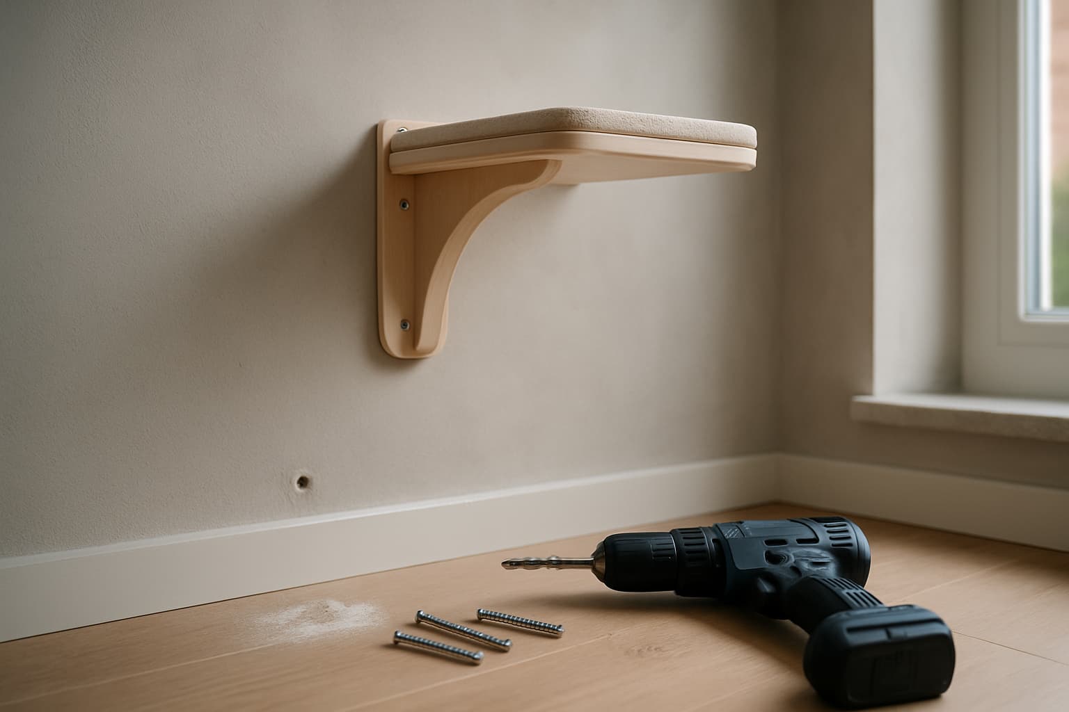 Gestucte grijze muur met wandbeugel voor een krabpaal, daaronder een boormachine, pluggen en schroeven in daglicht