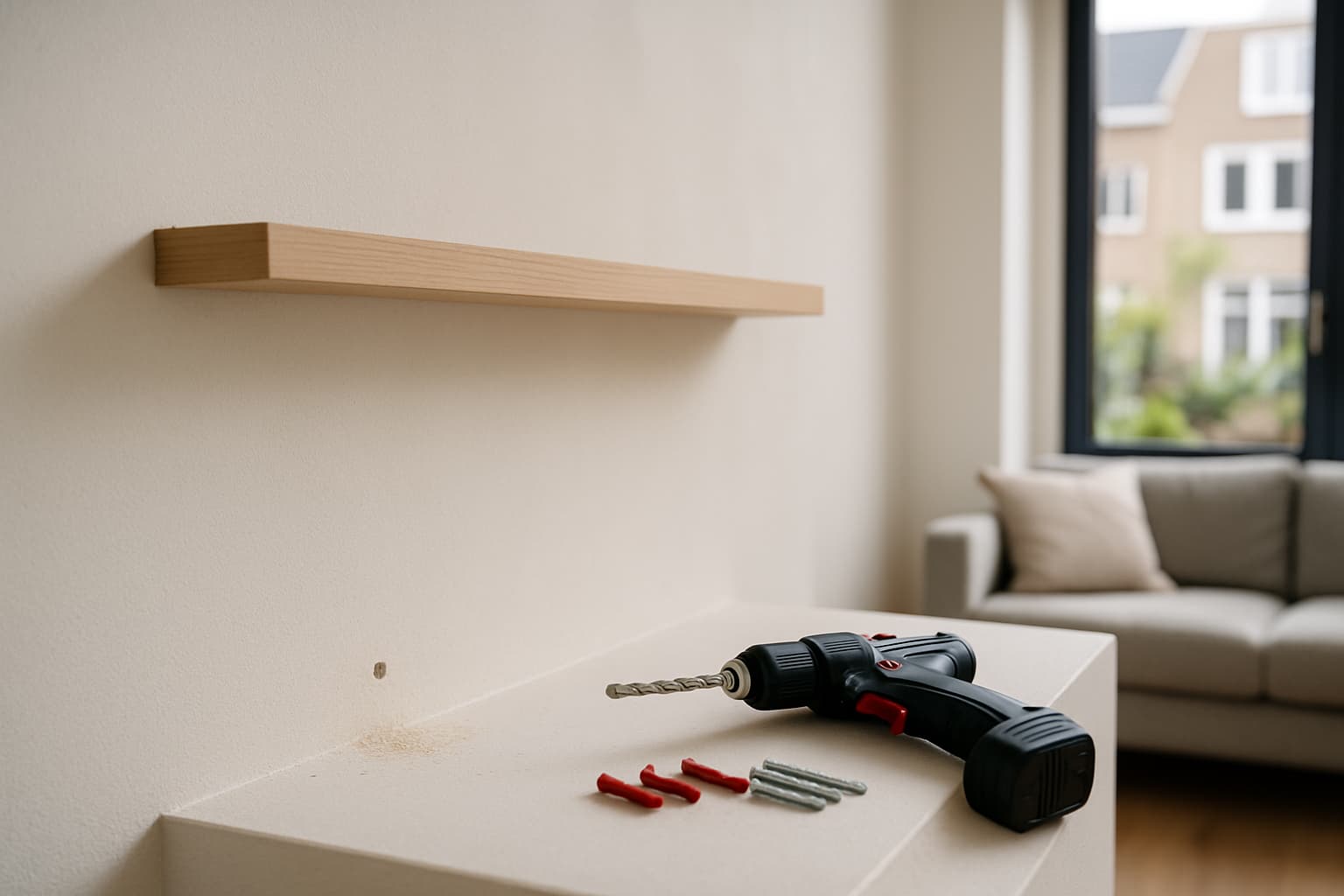Eiken plank gemonteerd aan een gladde gestucte witte wand, met daarnaast een accuboormachine, boortje, pluggen en schroeven en wat stucstof bij een geboord gaatje.