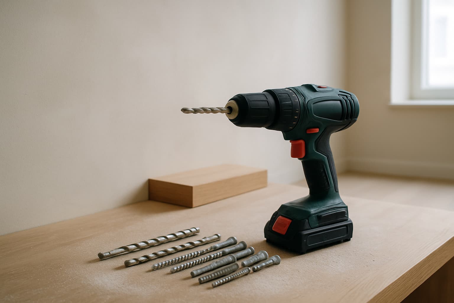 Close-up van een gladde gestucte wand met accuschroefmachine, steenboren, pluggen en schroeven op een houten oppervlak en een eiken wandplank ertegen