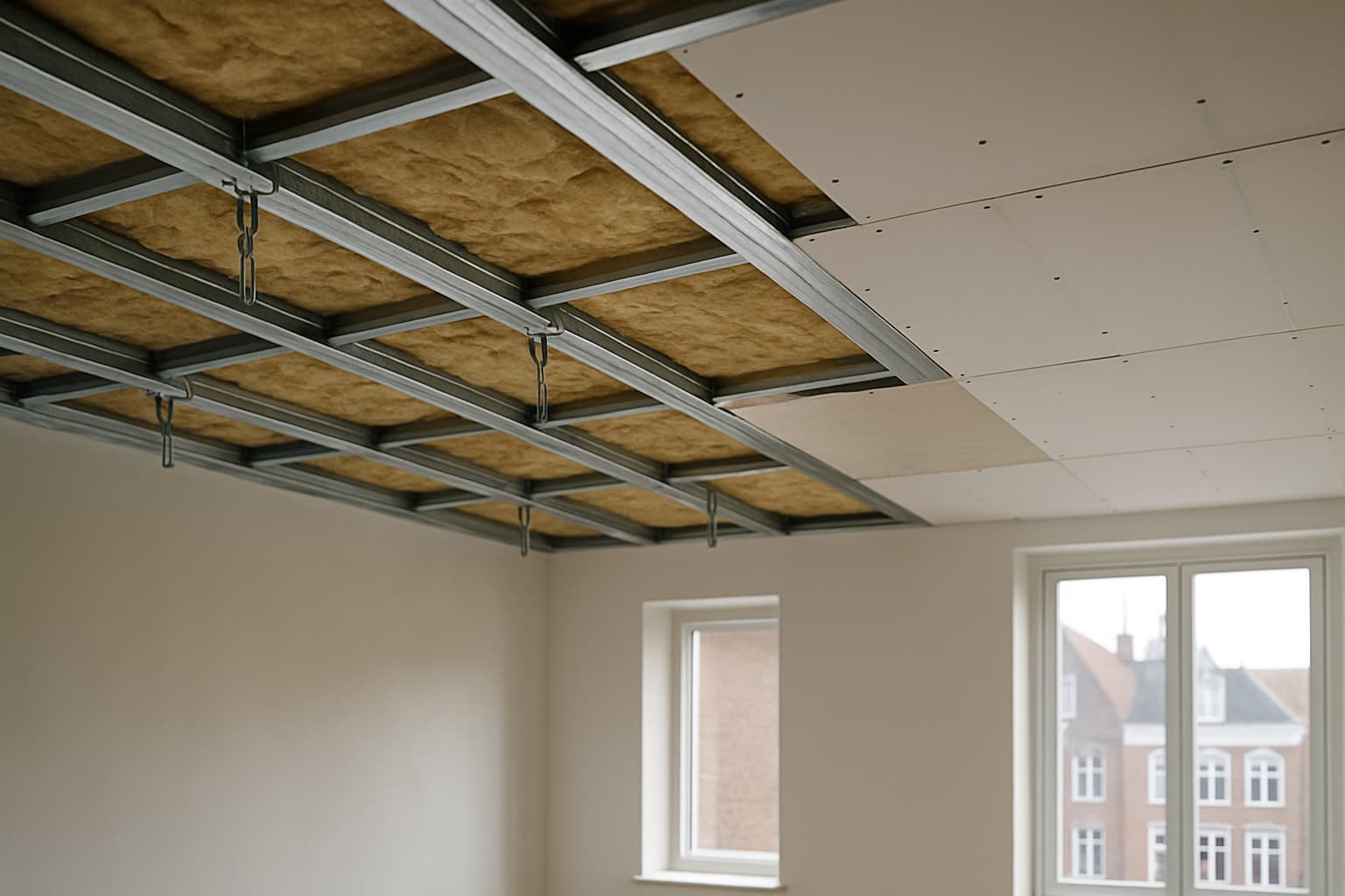 Deels afgebouwd vrijhangend voorzetplafond met metalen profielen, minerale wolisolatie en gipsplaten, gedeeltelijk glad gestuukt, in een leeg vertrek met daglicht