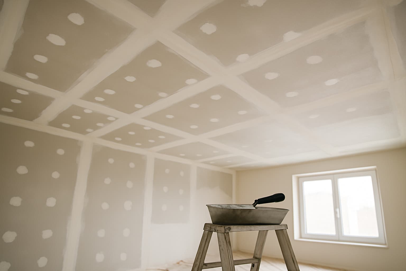 Gipsplaten plafond in afwerking met dichtgezette naden en schroefgaten, daglicht strijkt over het gladde stucwerk, met troffel op een trapladder