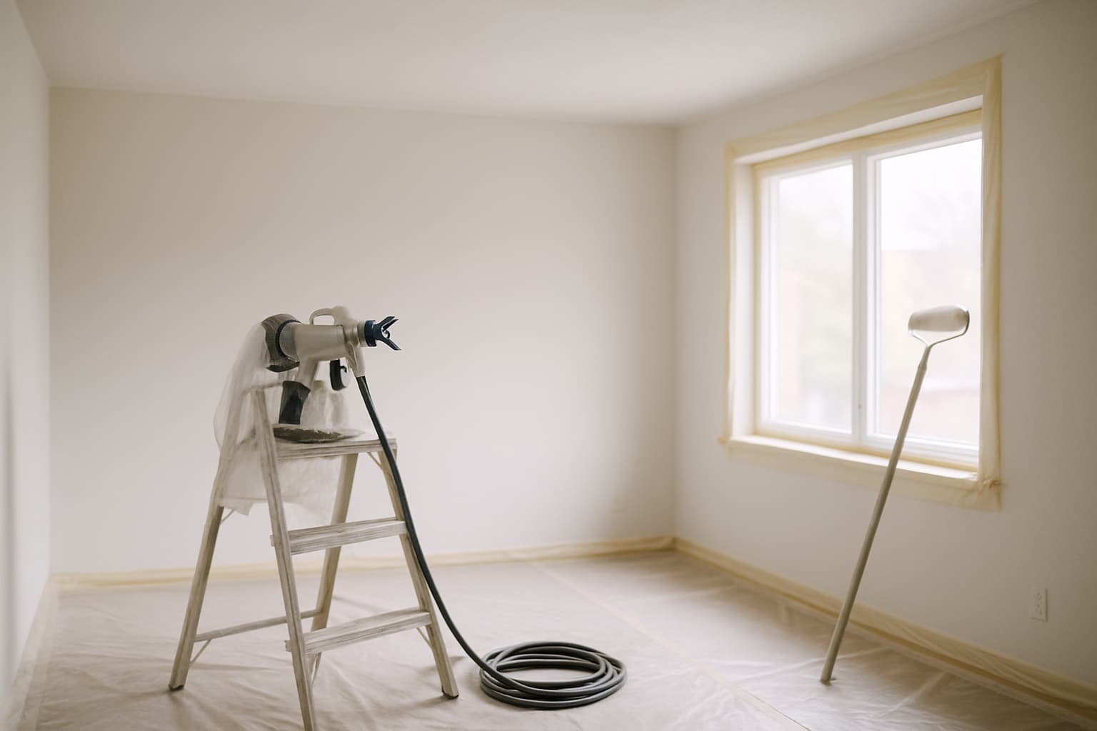Leeg woonkamerinterieur met glad wit plafond, afdekfolie op de vloer, een verfspuit op een trap en een roller met verlengsteel tegen de muur bij daglicht