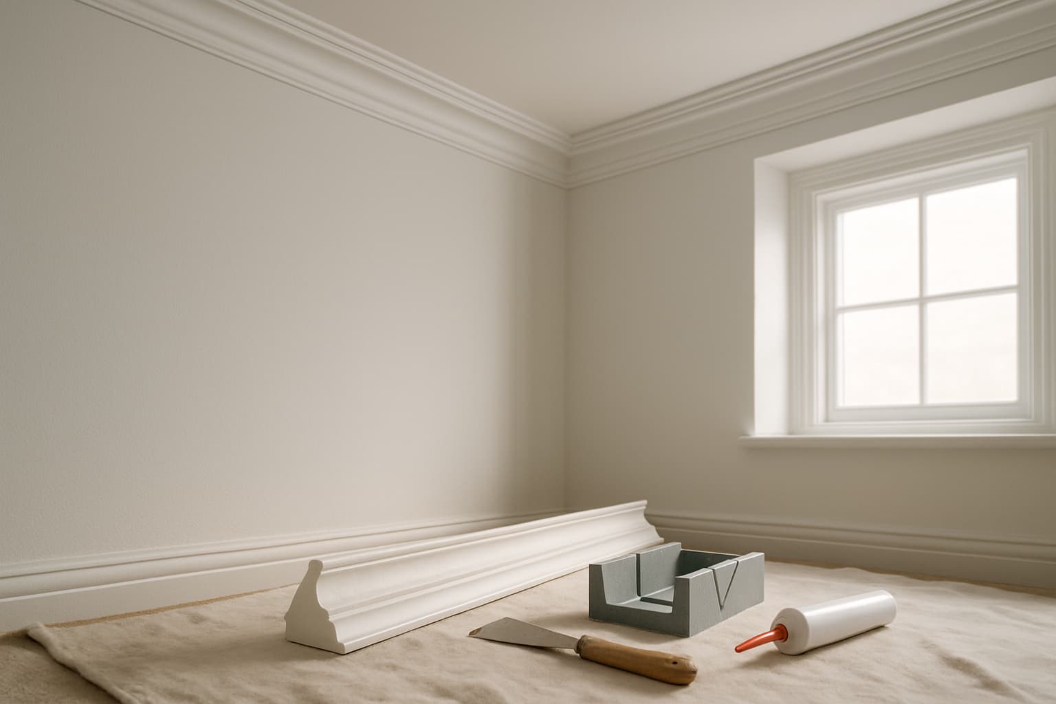 Lichte kamerhoek met witte sierlijst tussen plafond en wand, daglicht dat het profiel accentueert, en gereedschap voor montage op een stofdoek op de vloer