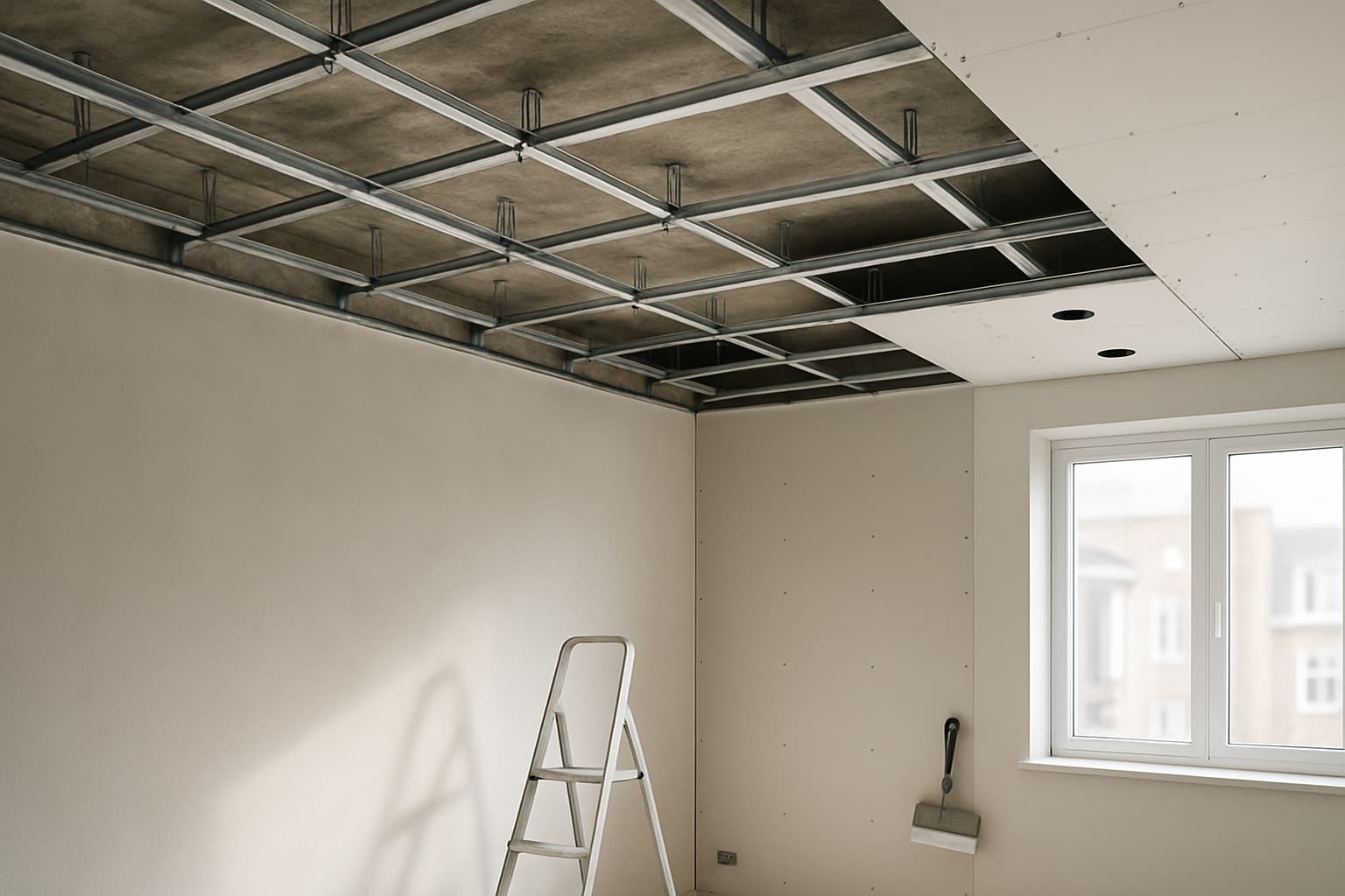 Onafgewerkt verlaagd plafond met metalen profielen en gipsplaten in een lege ruimte, verlicht door daglicht