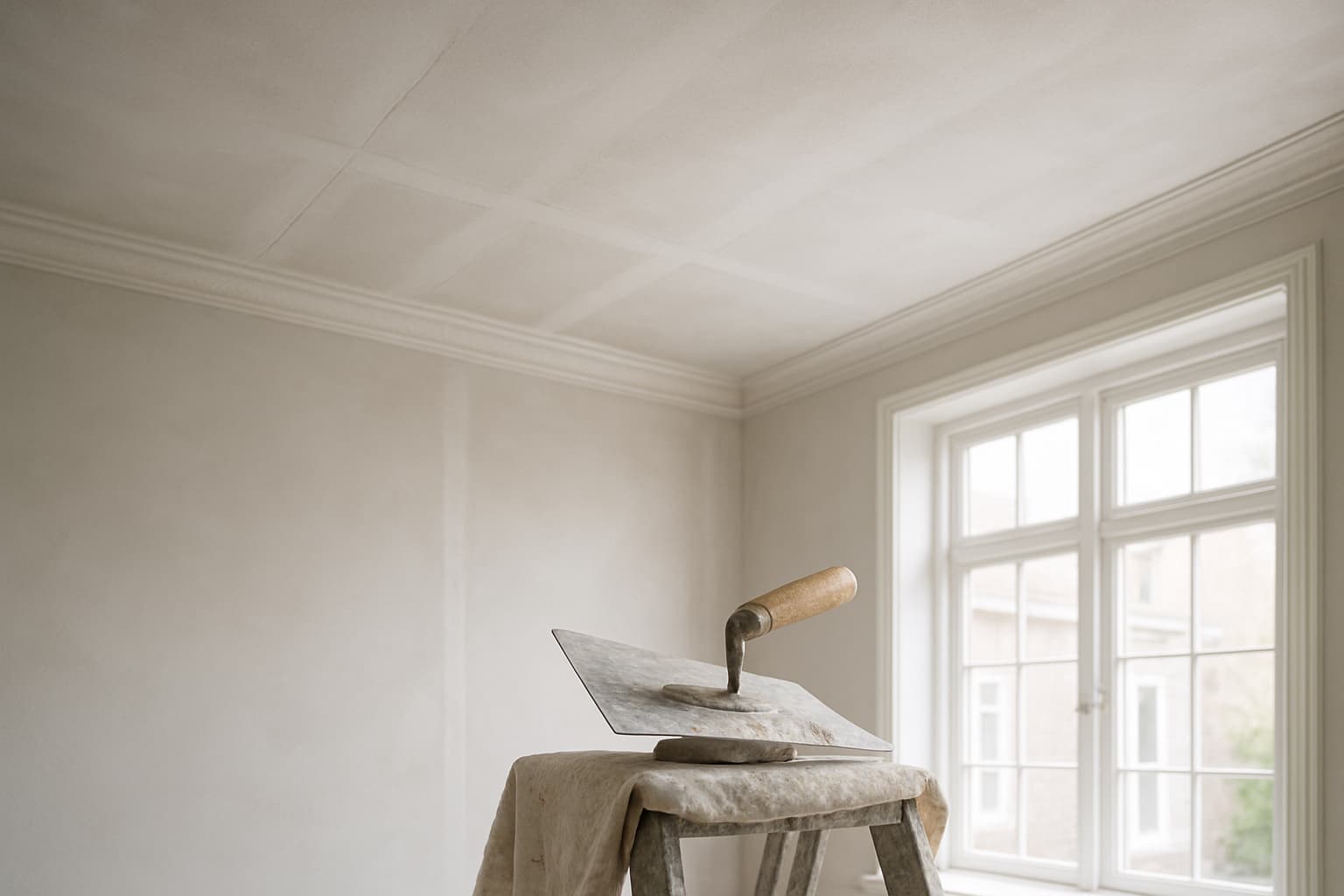 Strak gestuukt wit plafond in een lege gerenoveerde ruimte, met zichtbare gipsplaatnaden, een sierlijst langs de wand en stucgereedschap op een trapje, verlicht door zacht daglicht.