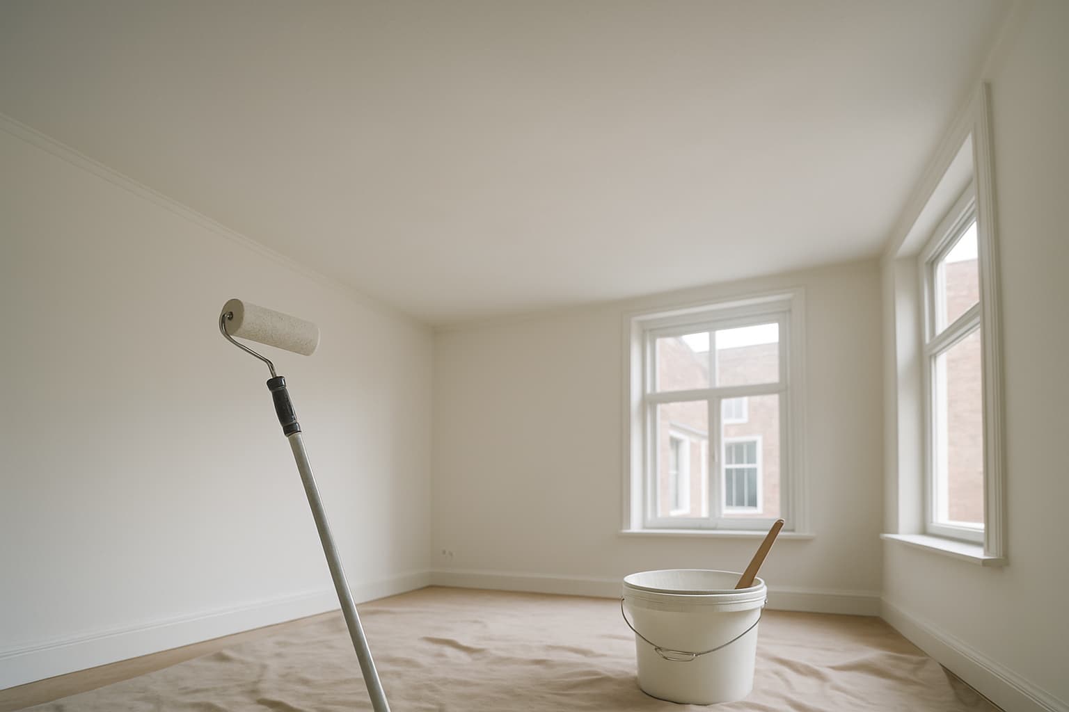 Egaal wit gesausd plafond in een lege kamer, met verfroller op verlengsteel en emmer muurverf op afdekfolie bij daglicht