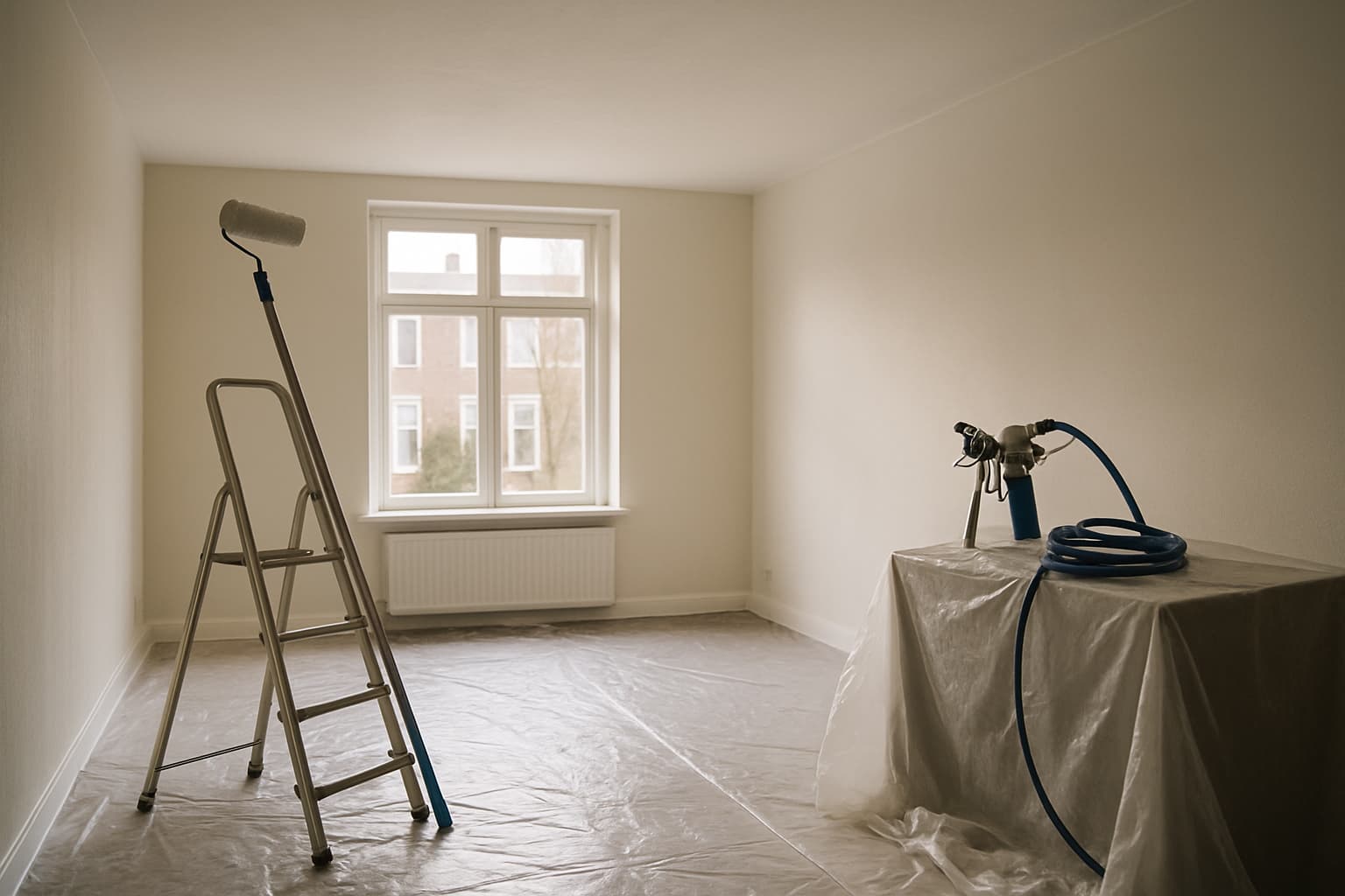 Lege woonkamer met afdekfolie, verfroller op een verlengsteel bij een trapje en een verfspuit, onder een egaal wit plafond in daglicht