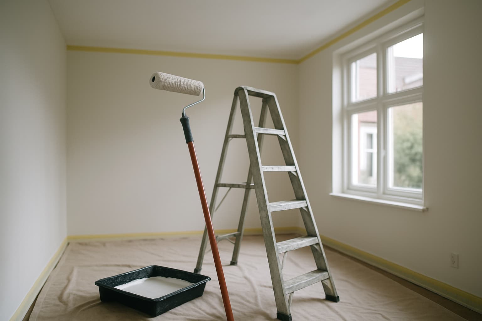 Leeg vertrek klaargemaakt om het plafond te verven, met verfroller op verlengsteel, trapje, verfbak en afdekfolie op de vloer bij daglicht