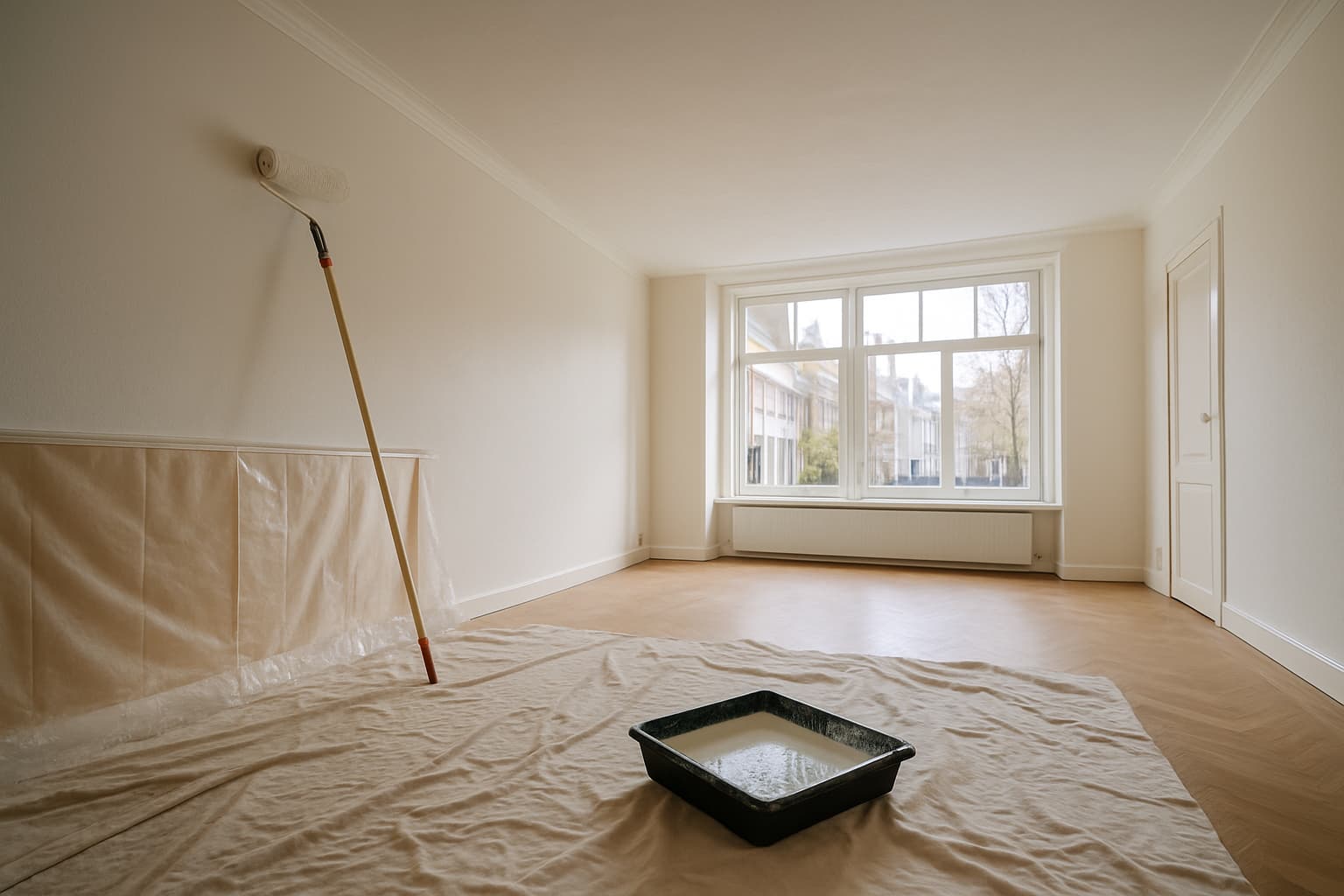 Lege lichte woonkamer met strak wit plafond, verfroller op verlengsteel en afdekzeil op de vloer bij daglicht