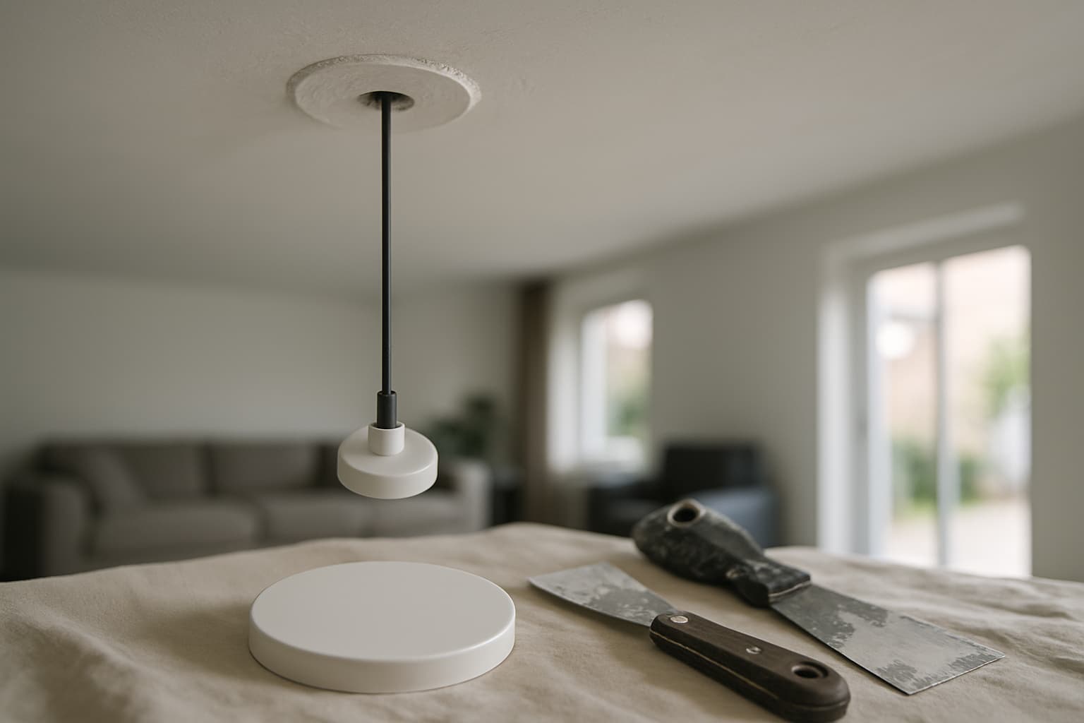 Close-up van een wit gestuukt plafond met een rond gat rondom een lampsnoer, met daarnaast een witte afdekplaat en stucgereedschap in daglicht