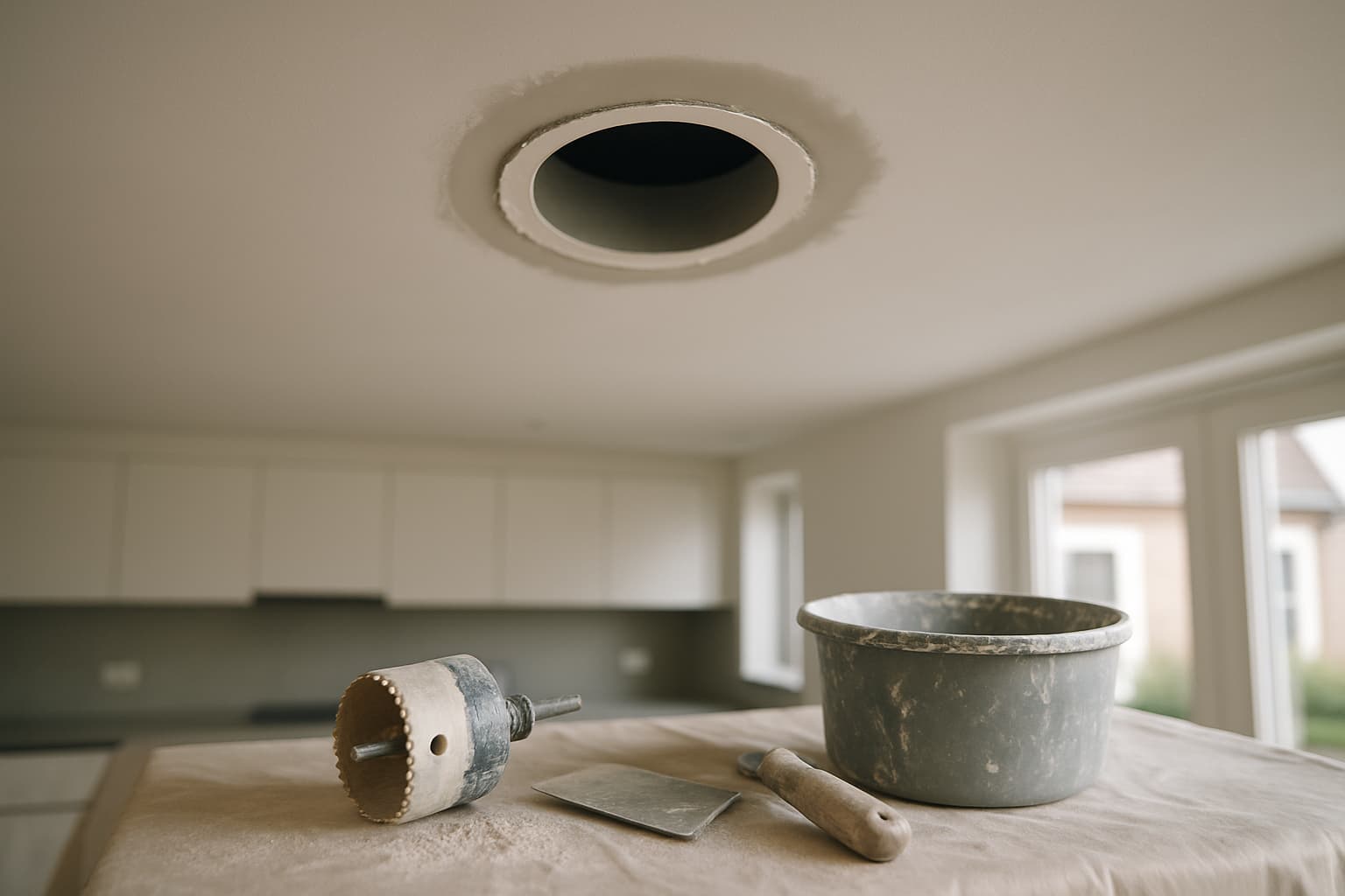 Rond doorvoergat voor een afzuigkap in een glad gestuct wit plafond, met gereedschap en stucmateriaal op het afgedekte werkblad eronder