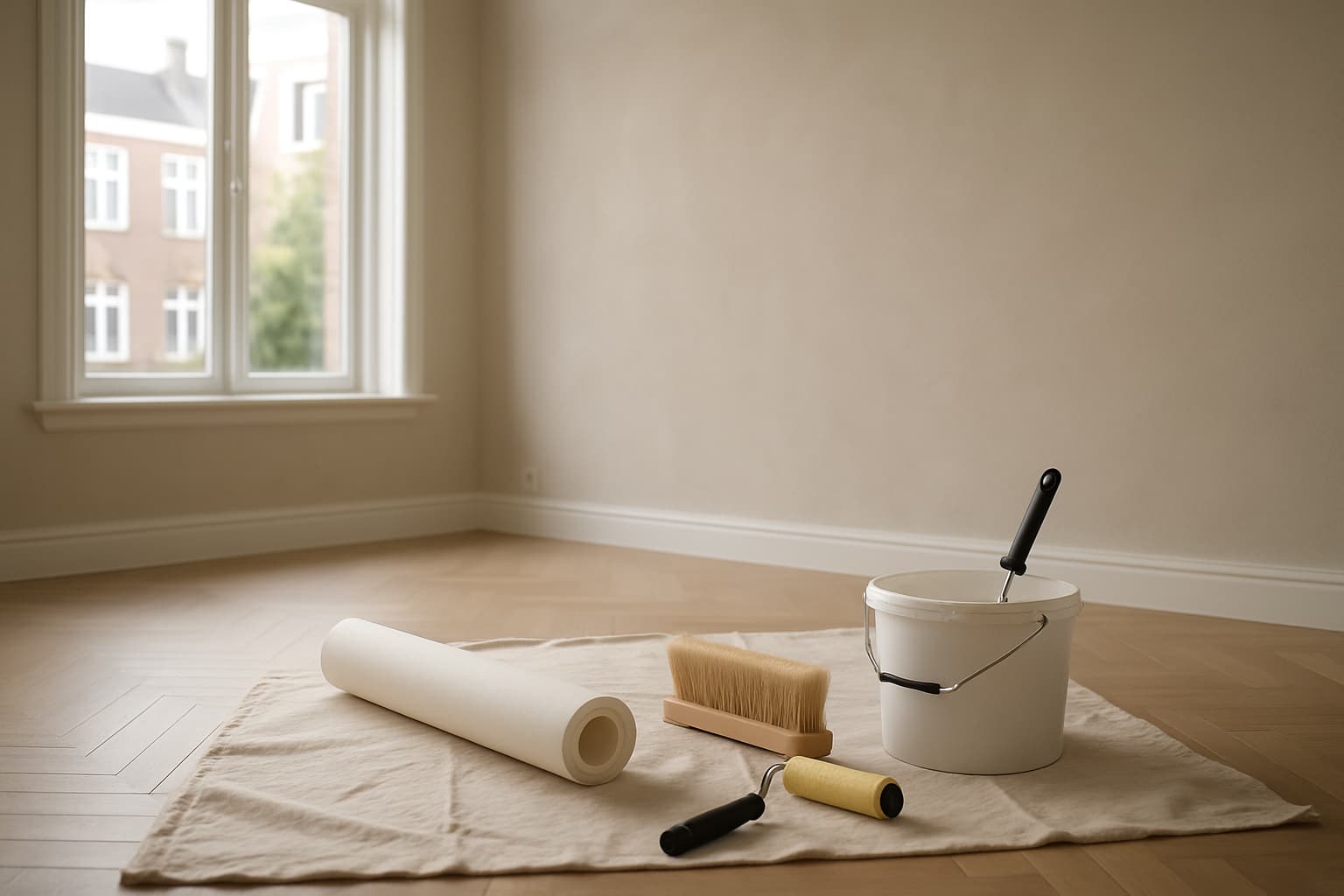 Lichte lege woonkamer met gladde gestucte wand, behangrol, kwast en pastaemmer op een stofdoek, in natuurlijk daglicht