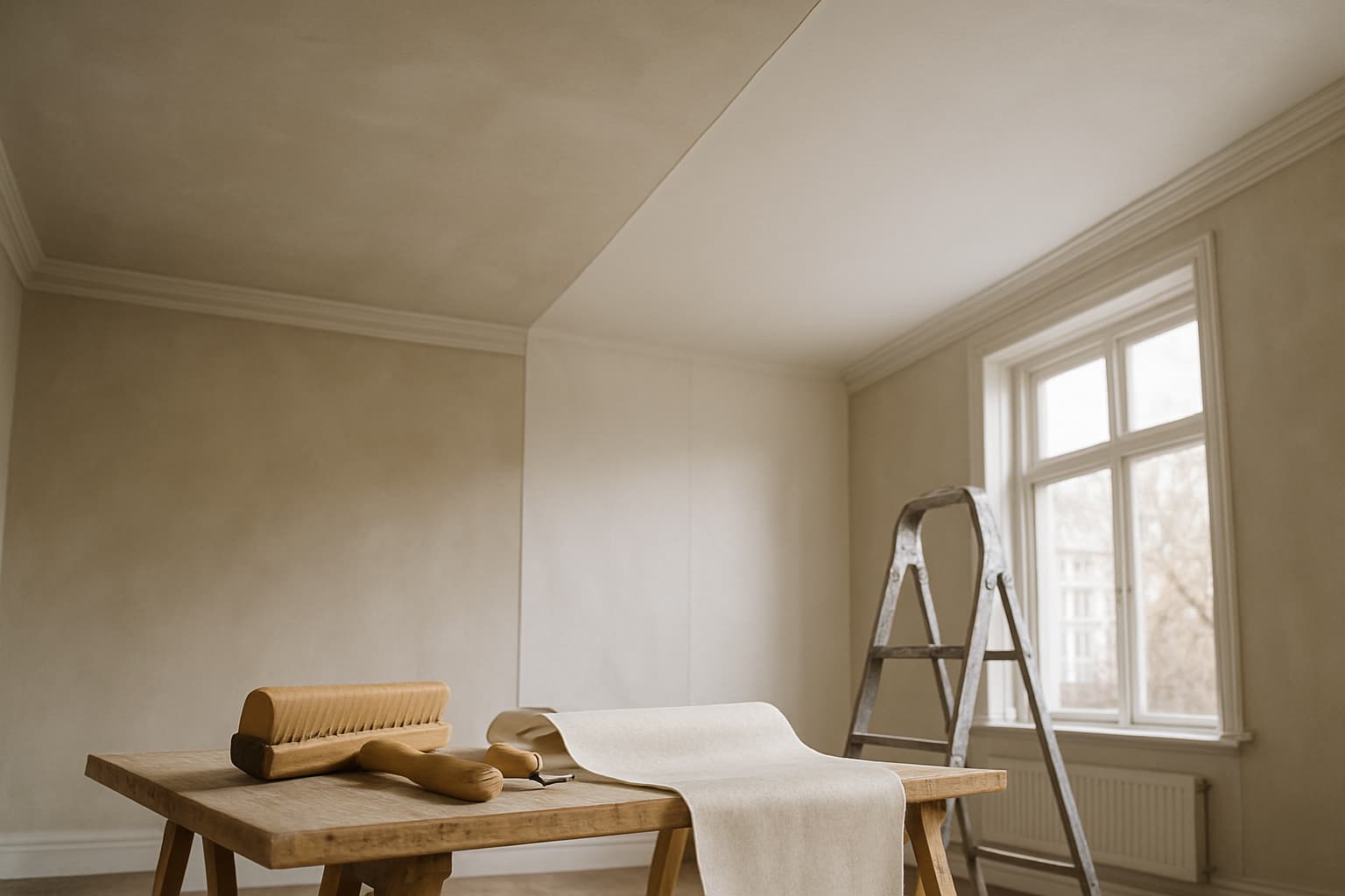 Leeg interieur met blik omhoog naar een glad geplafonneerd plafond dat gedeeltelijk met effen renovlies is behangen, daglicht uit een hoog raam, met kwast, naadroller, trap en behangtafel op de voorgrond.