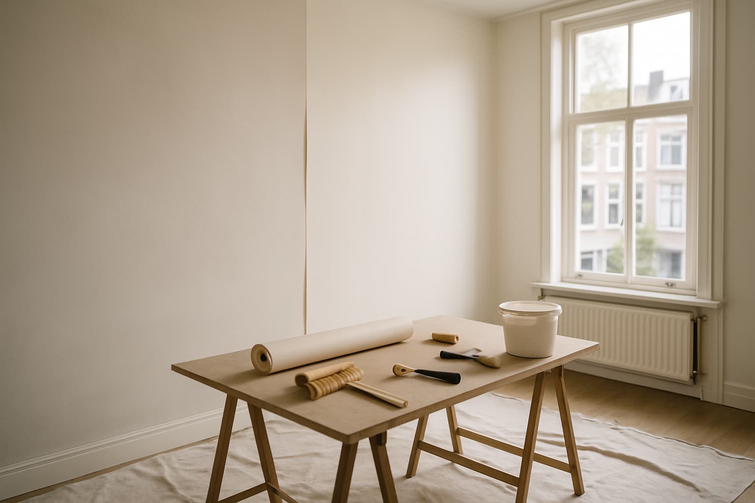 Lichte woonkamer met glad gestucte wand die deels met renovlies is beplakt, met een behangtafel, behangrol, plakkwast en naadroller op een afdekzeil.