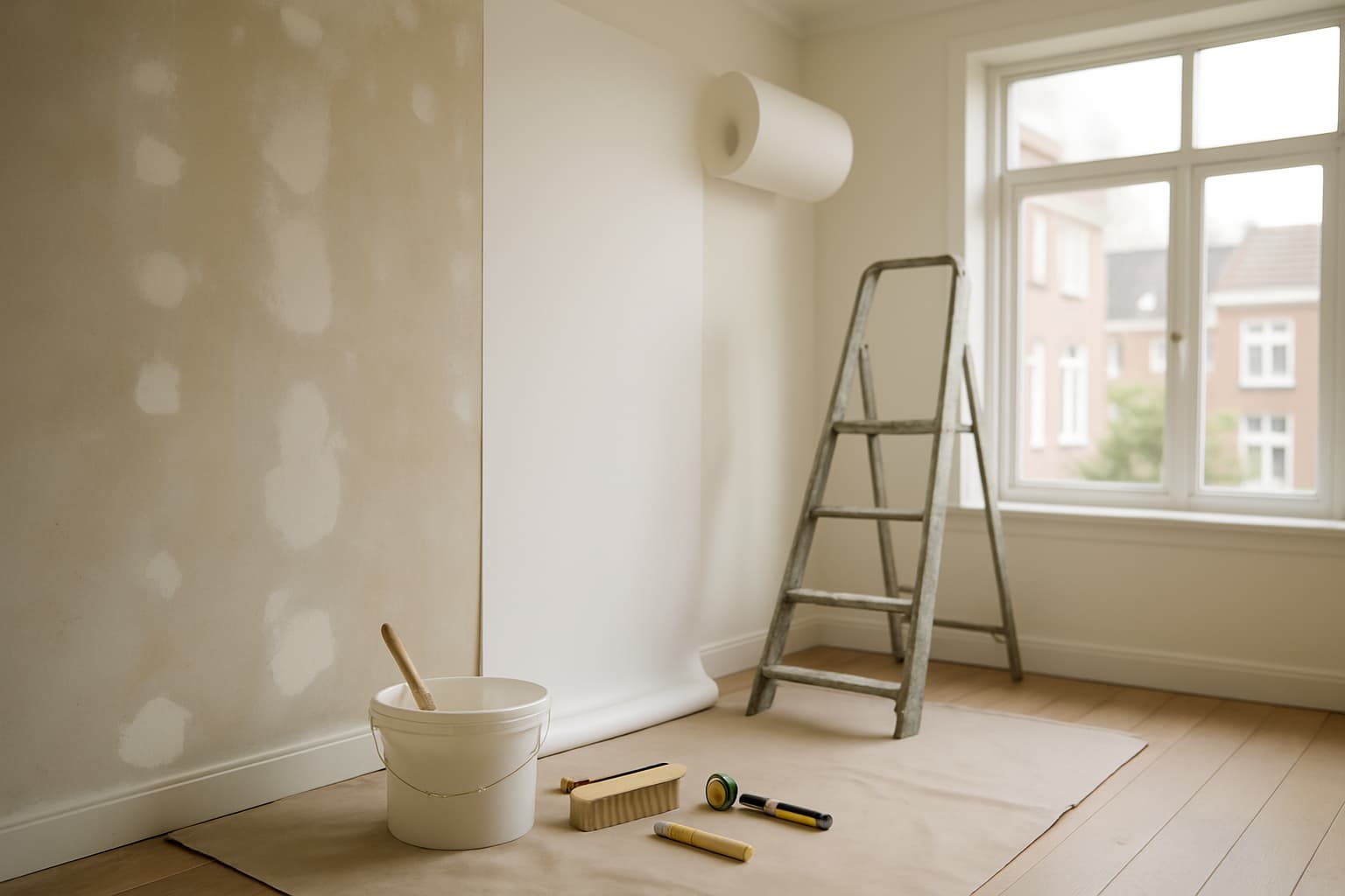 Lichte woonkamer waarin een wand wordt voorbereid en beplakt met renovlies, met plakemmer, kwast, naadroller en trapje op afdekfolie.