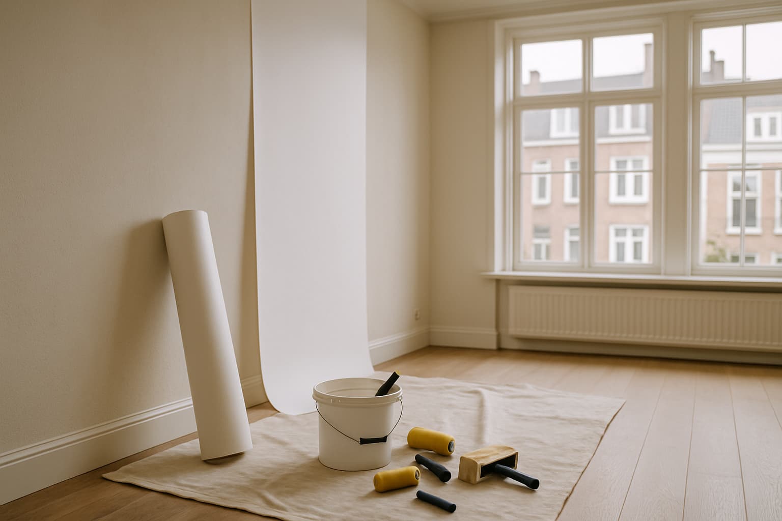 Lichte, lege woonkamer waar renovlies op een gestucte wand wordt aangebracht, met een rol vliesbehang, lijmemmer, roller en kwast op een afdekzeil in daglicht.