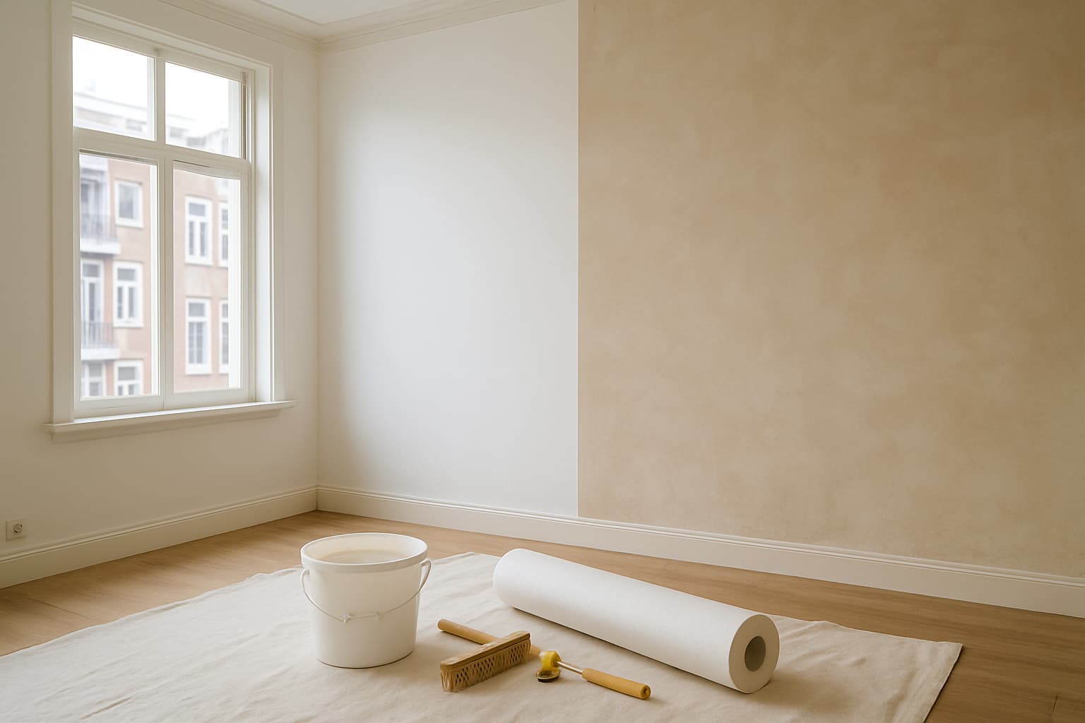 Lichte woonkamer in renovatie met een wand die deels is beplakt met wit renovlies over stucwerk, naast een gestuukte wand, met behangrol, pastaemmer en glasborstel op een stofdoek