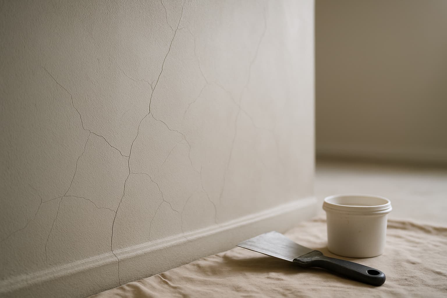 Close-up van een pas gestuukte wand met haarfijne krimpscheuren, met daglicht dat de textuur zichtbaar maakt en een plamuurmes met vulmiddel op een stofdoek