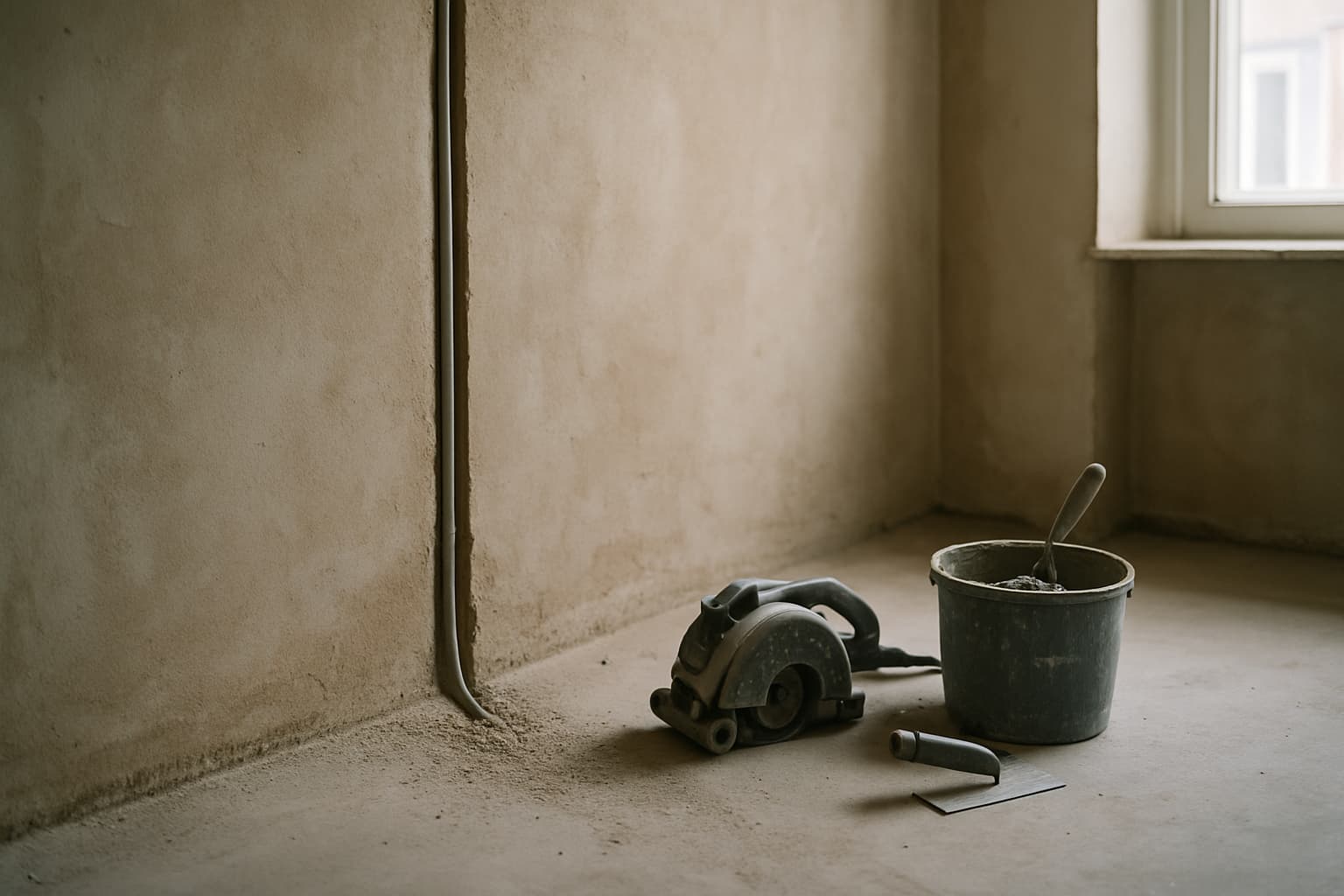 Kale gestucte wand met een gefreesde sleuf waarin een elektrabuis ligt, met daarnaast een muurfrees, emmer reparatiemortel en troffel in een lege ruimte tijdens verbouwing