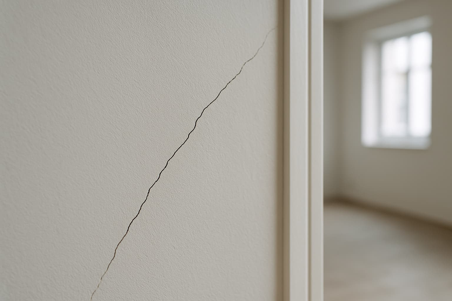 Close-up van een diagonale zetscheur in een gestucte witte binnenmuur bij een deurhoek, met zijlicht dat de textuur van het stucwerk zichtbaar maakt