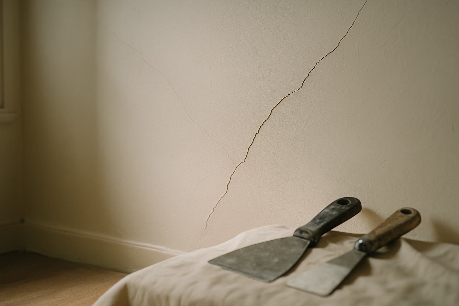 Detailfoto van een gestuukte binnenmuur met een haarscheur en een bredere diagonale scheur, met daglicht dat de textuur zichtbaar maakt en gereedschap op de voorgrond