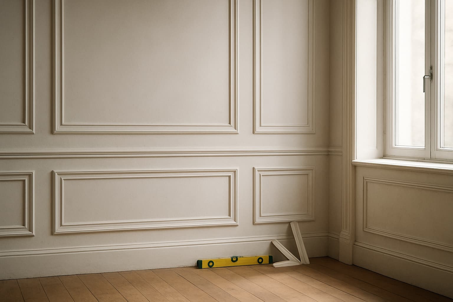 Witte wand met kaderlijsten en wandpanelen in een lege woonkamer, met daglicht dat schaduwen op de sierlijsten laat vallen en gereedschap tegen de plint