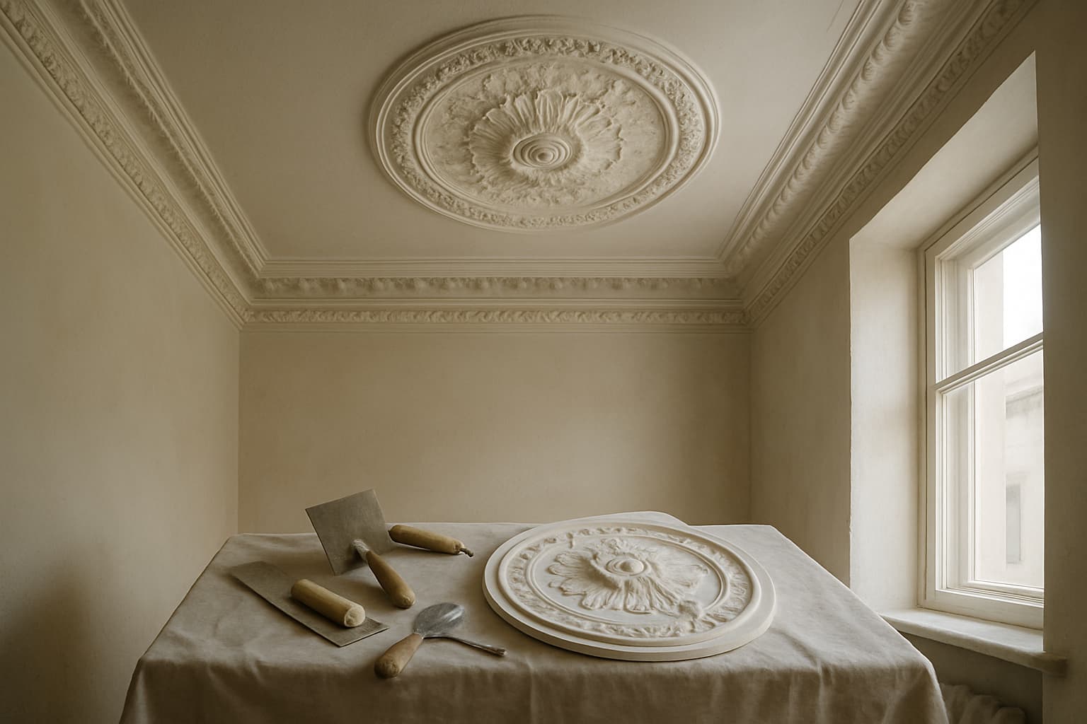 Wit gestuukt plafond met sierlijst en decoratief rozet, beschenen door daglicht, met gipsornament en stucgereedschap op een afgedekte tafel