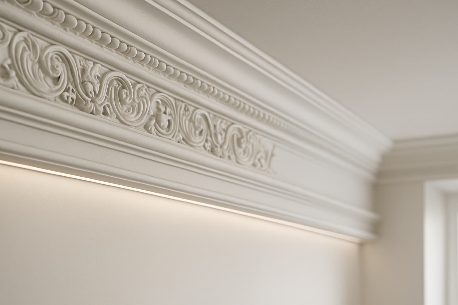 Detail van een witte stucplint met koofprofiel langs de overgang van plafond en wand, met een lichtgleuf voor indirecte led-verlichting in daglicht