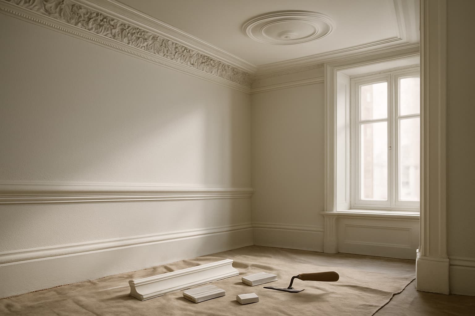 Witte stucco sierlijst langs het plafond van een klassieke kamer, met plafondornament en profielsamples op de vloer in natuurlijk daglicht