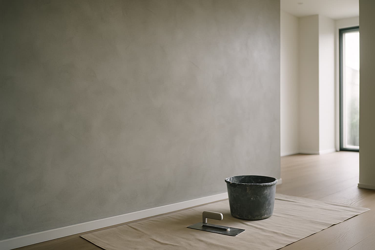 Betonlook stucwerk op een wand in een moderne ruimte met grijze wolkachtige textuur, daglicht van de zijkant en een stucspaan met emmer grijze mortel op de vloer