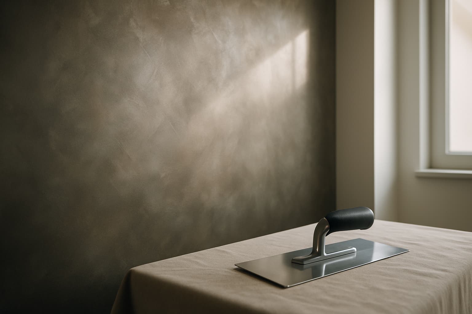 Wand met metallic stucwerk in brons- en tintinten, waarbij zijlicht de subtiele wolkstructuur van de afwerking zichtbaar maakt, met een stalen spaan op de voorgrond