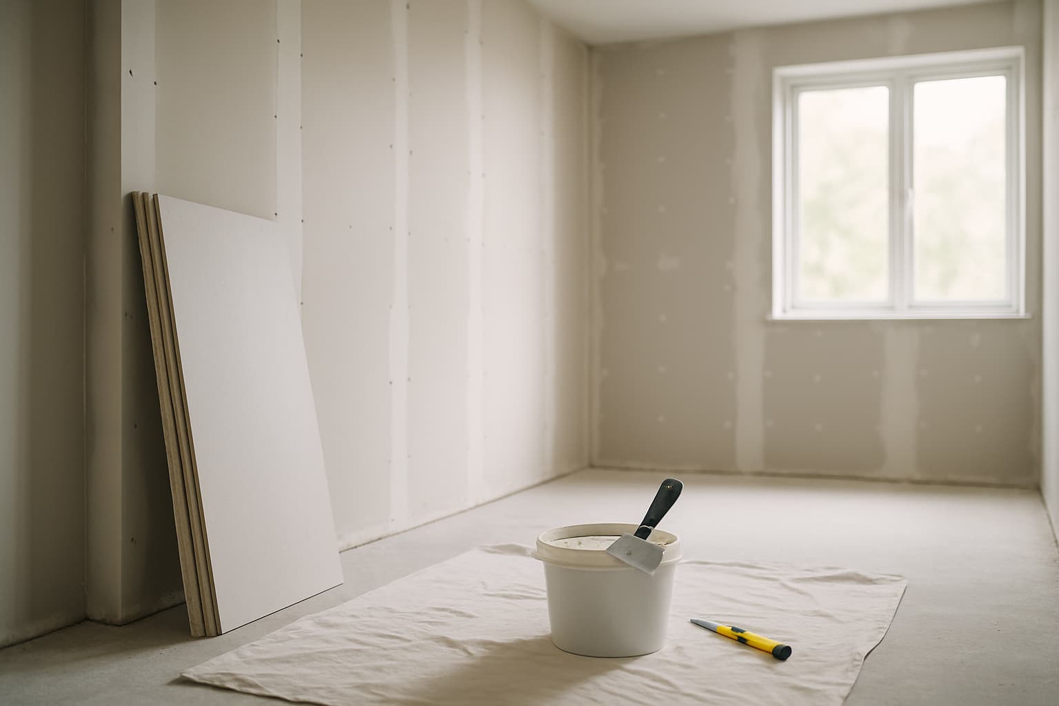 Lichte lege klusruimte met een stapel stucplaten tegen de wand, gemonteerde gipsplaten met zichtbare naden en gereedschap zoals plamuurmes en emmer vulmiddel op de vloer.