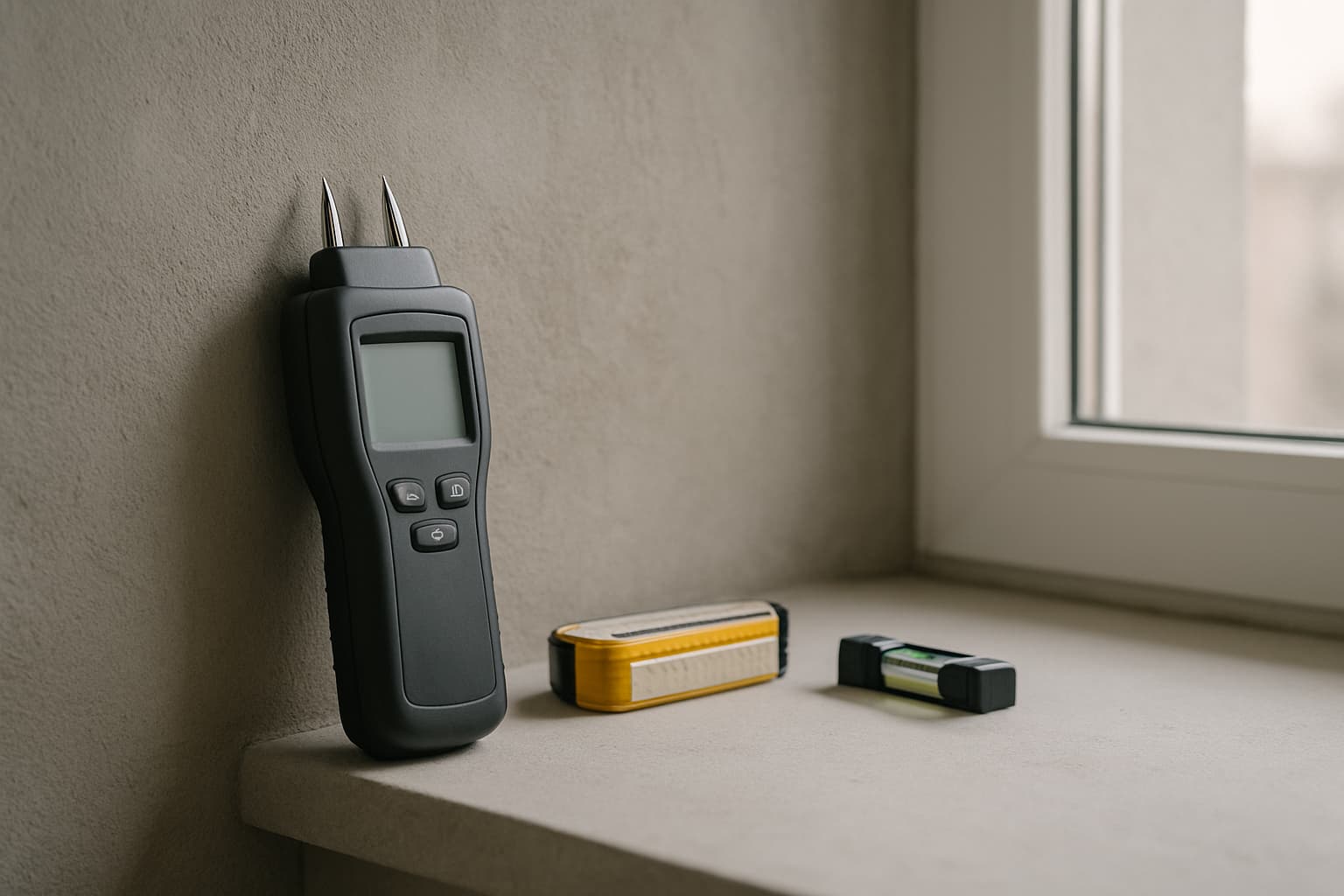 Digitale vochtmeter met meetpennen tegen een grijs gestucte binnenwand, naast rolmaat en waterpas in daglicht