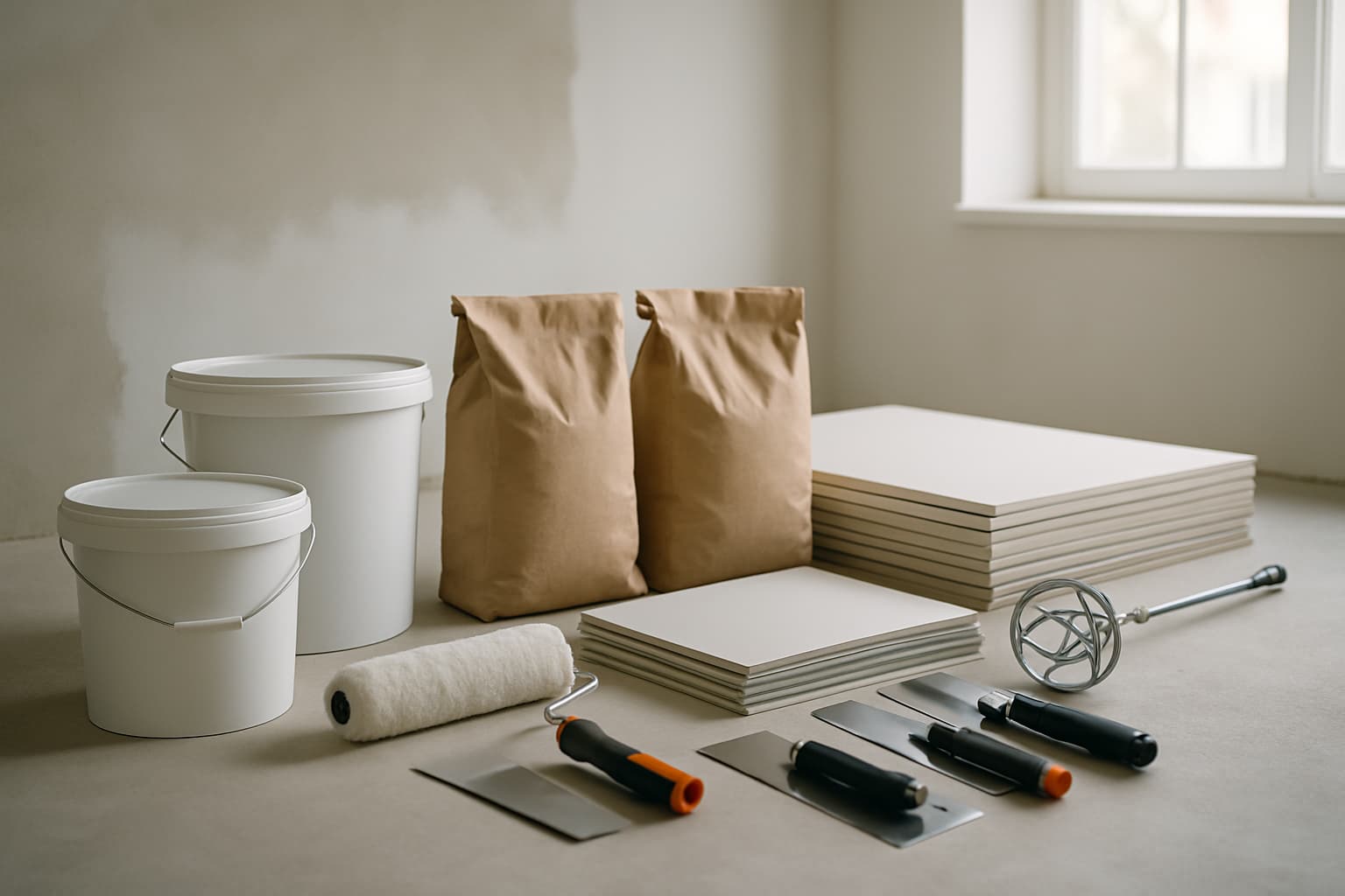 Stucmaterialen zoals emmers voorstrijk en muurvuller, zakken stucmortel, gipsplaten en gereedschap staan in een lichte lege kamer bij een deels gestucte wand.