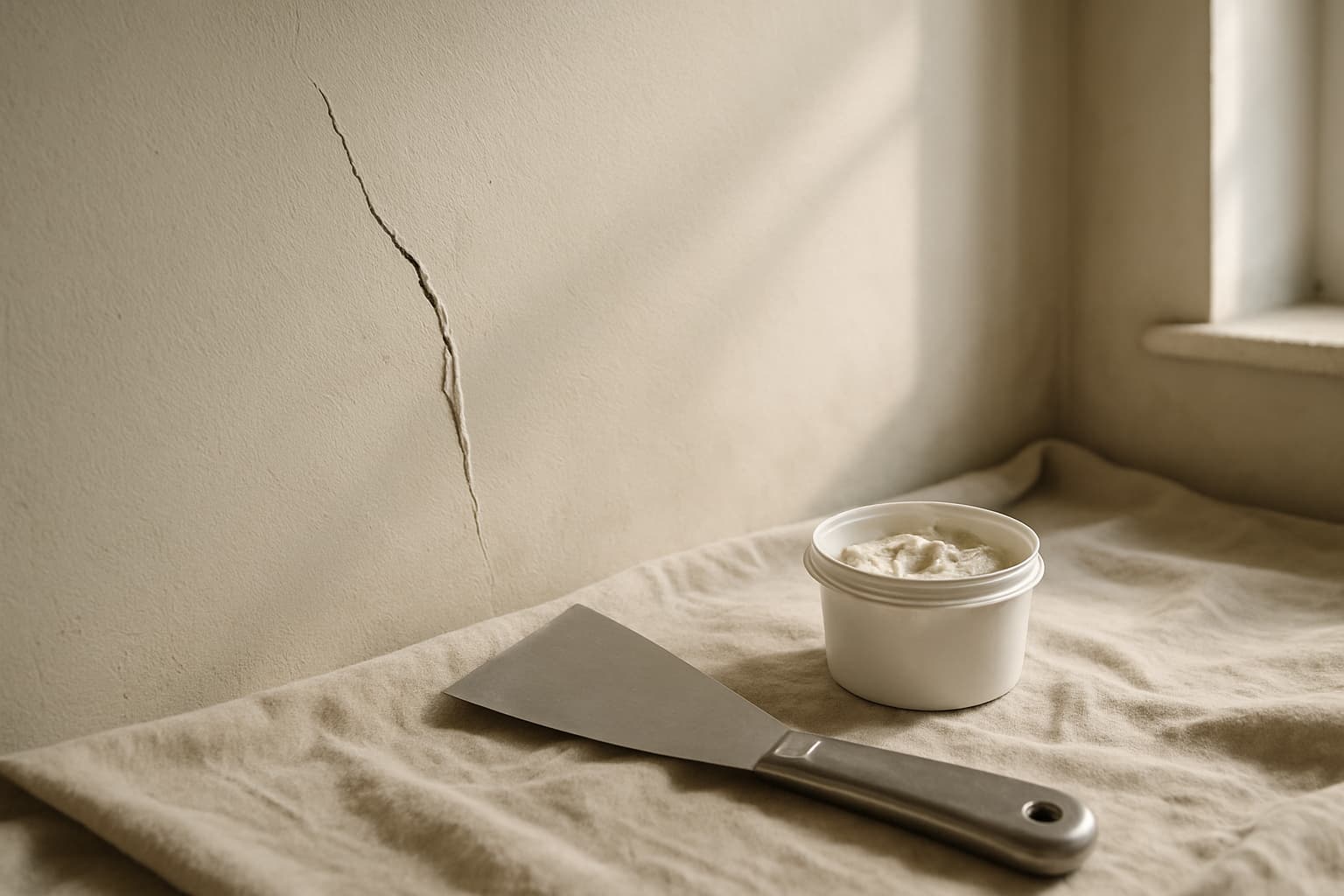 Close-up van een lichte gestucte wand met een haarscheur, met een plamuurmes en vulmiddel op afdekfolie in natuurlijk daglicht